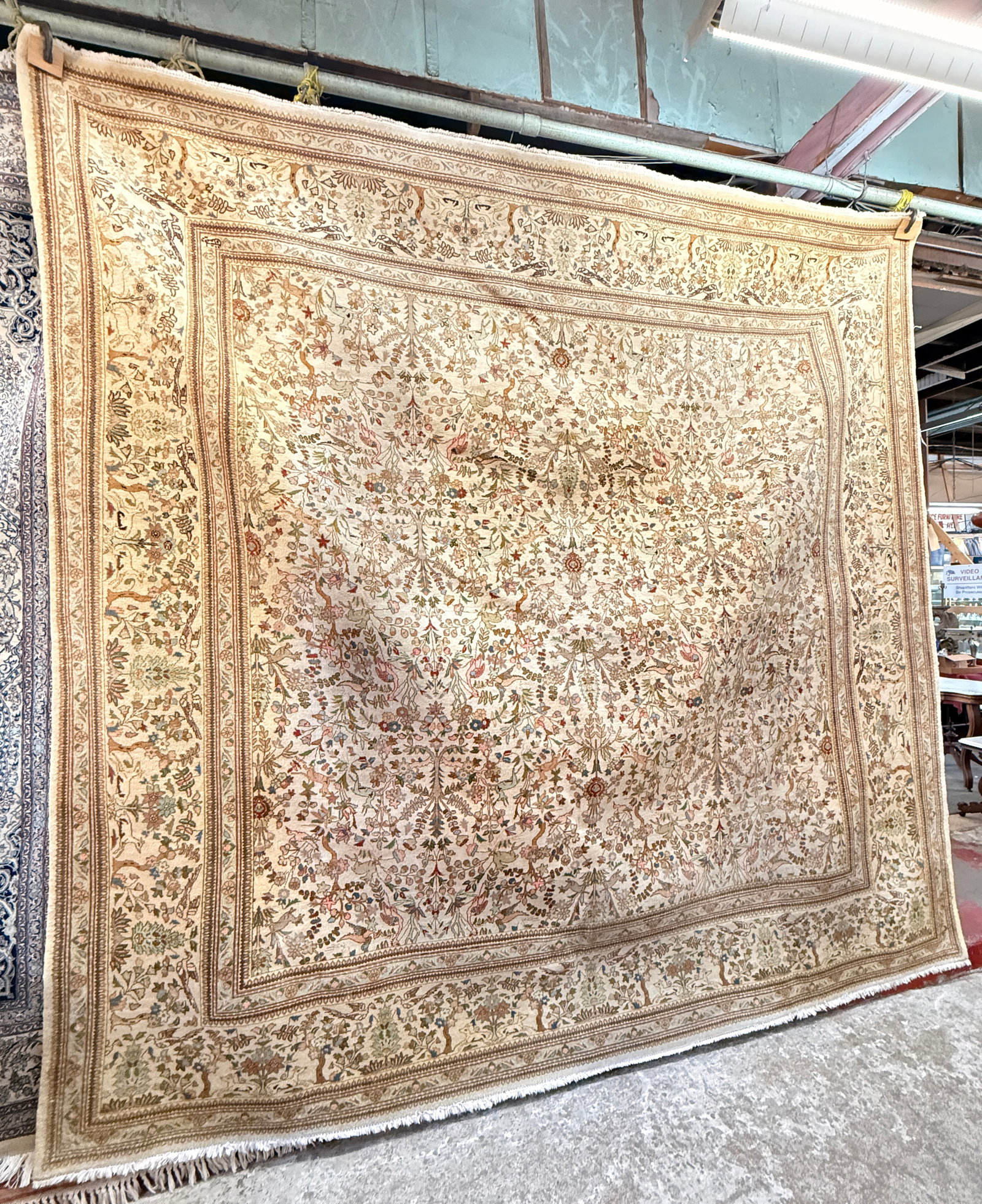 10' 9" x 11' 4" Beige Hunting Design Oriental Rug.: This beautiful oriental carpet looks to be in good overall condition. In-house shipping is available for this rug. Please see our website about in house shipping procedures.