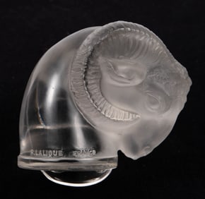R. Lalique France Crystal Ram Head Hood Ornament.