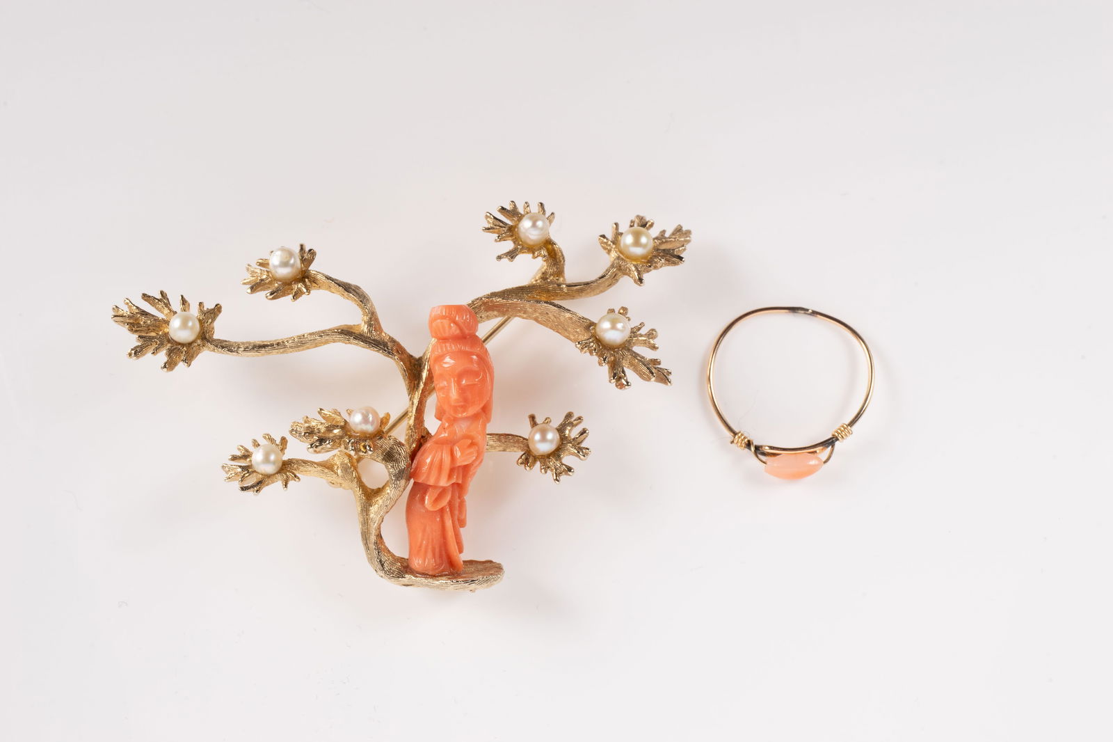 Swoboda Carved Coral Brooch & 10K Gold Ring. (1 of 5)