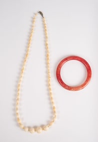 Lot: Angel Skin Coral Necklace & Red Jade Cuff.