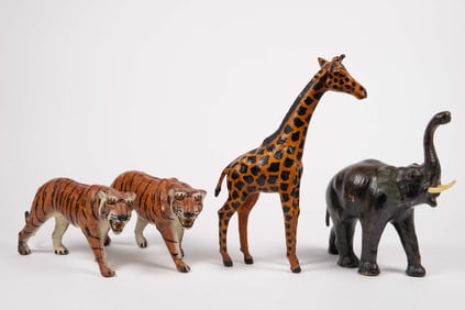 4 Leather Wrapped Animal Figures - Tiger, Elephant