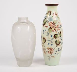 Uranium Glass Vase w/ Hand Painted Flowers.