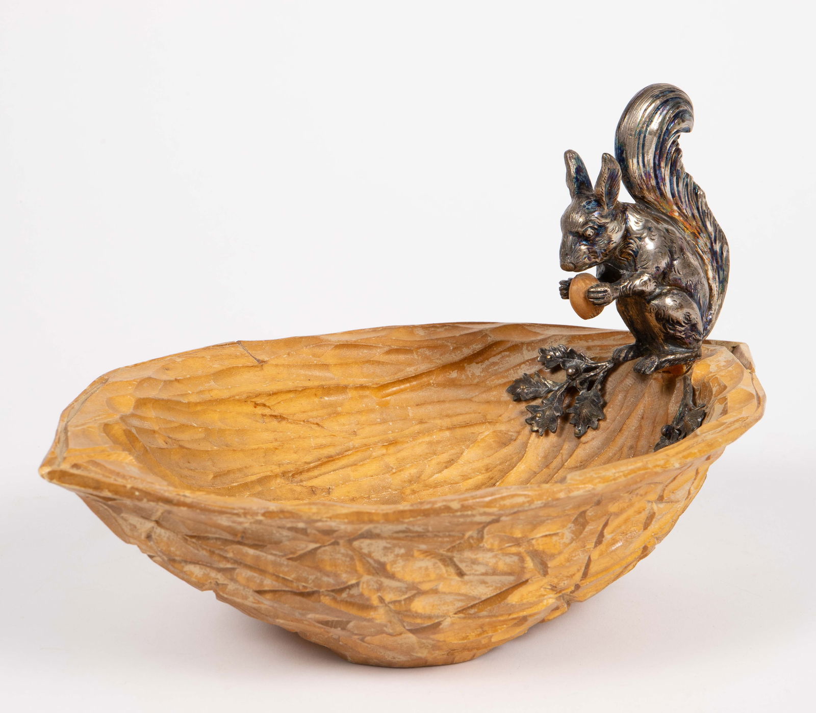 Carved Wood Bowl w/ 800 Silver Squirrel. (1 of 6)