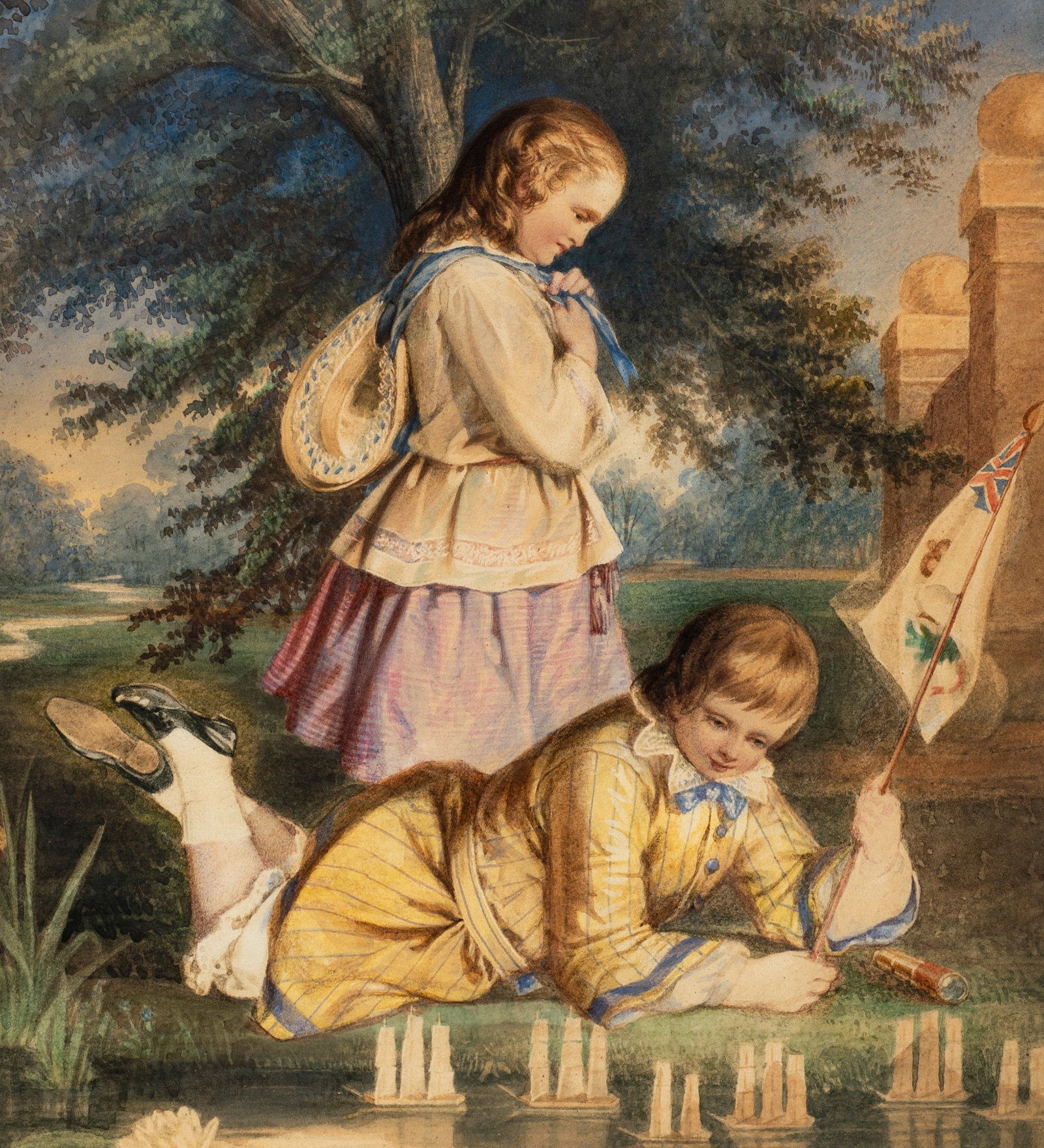 Children at Play, Painting Attr. to William Egley.: Artist(s): Attributed to William Maw Egley (British, 1826-1916) Medium: Watercolor painting. Signature(s): Unsigned with Artist biography en verso. Paperwork: N/A Condition: There are signs of foxing,