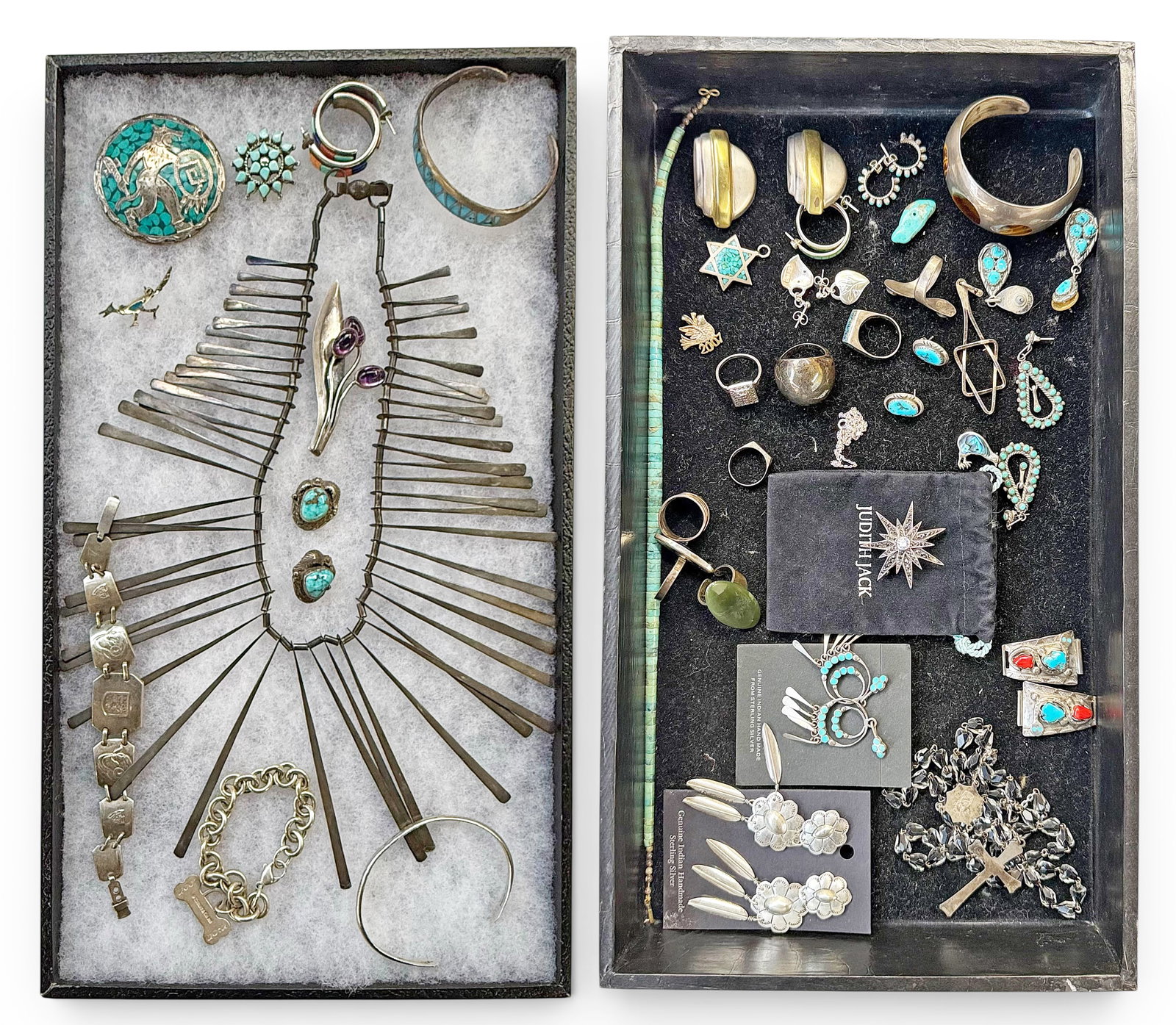 Lot of Sterling Silver Jewerly - Designers, Native: The lot contains 39 pieces of sterling silver jewelry, many of them with gemstones. There are Native American Indian pieces, including Zuni and Navajo, some Mexican pieces, and more. There are necklac
