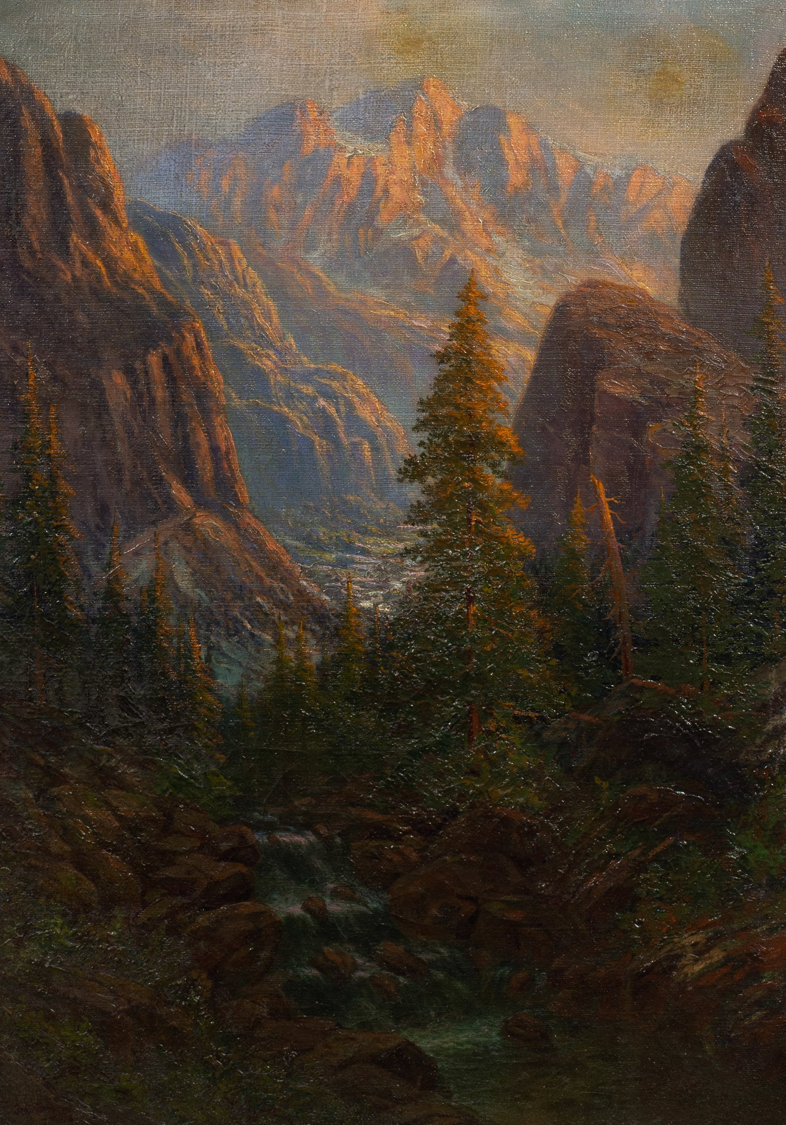 Antique Western Mountainscape by Oscar Drehmann.: Artist(s): Oscar Drehmann (American, Early 20th Century). Medium: Oil painting on canvas. Signature(s): "Oscar Drehmann", lower left. Dated from 1926. Paperwork/Provenance: N/A Condition: Craquelure t