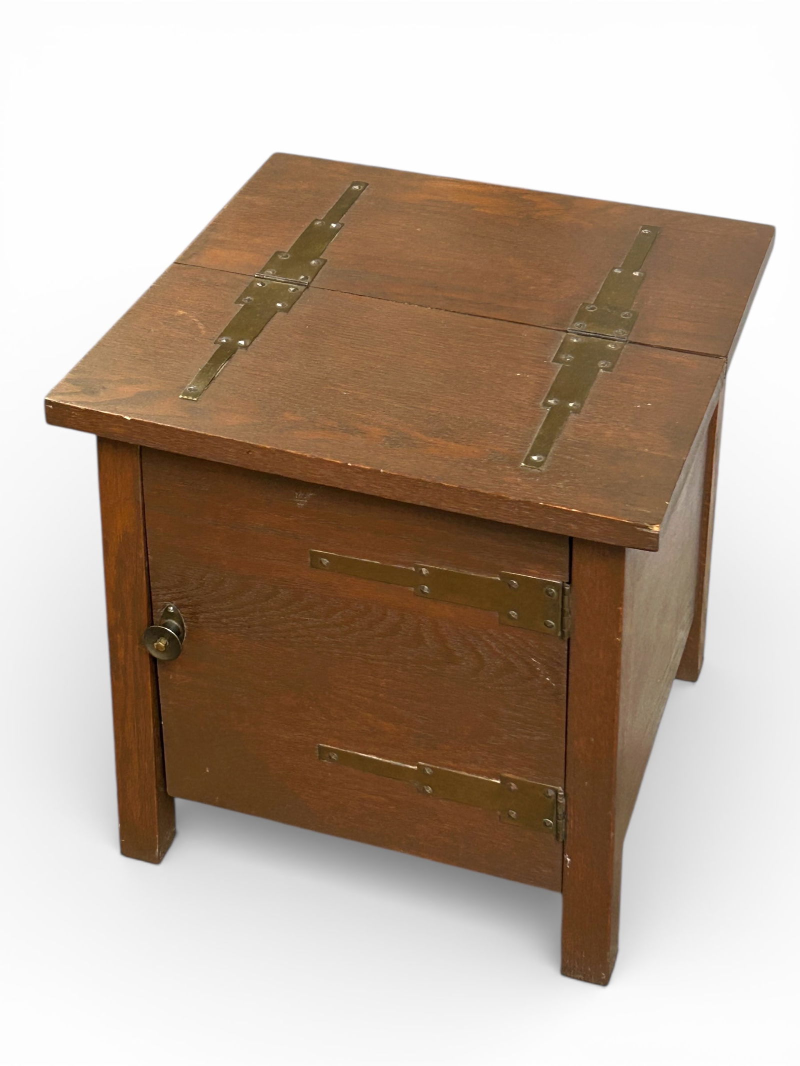 Arts & Crafts Oak Humidor.: The humidor has brass metal straps, a lift top, and interior storage with one shelf. It measures 15" wide, 15" deep, and 15 1/2" tall. Third-party freight shipping or personal pickup is required. Plea