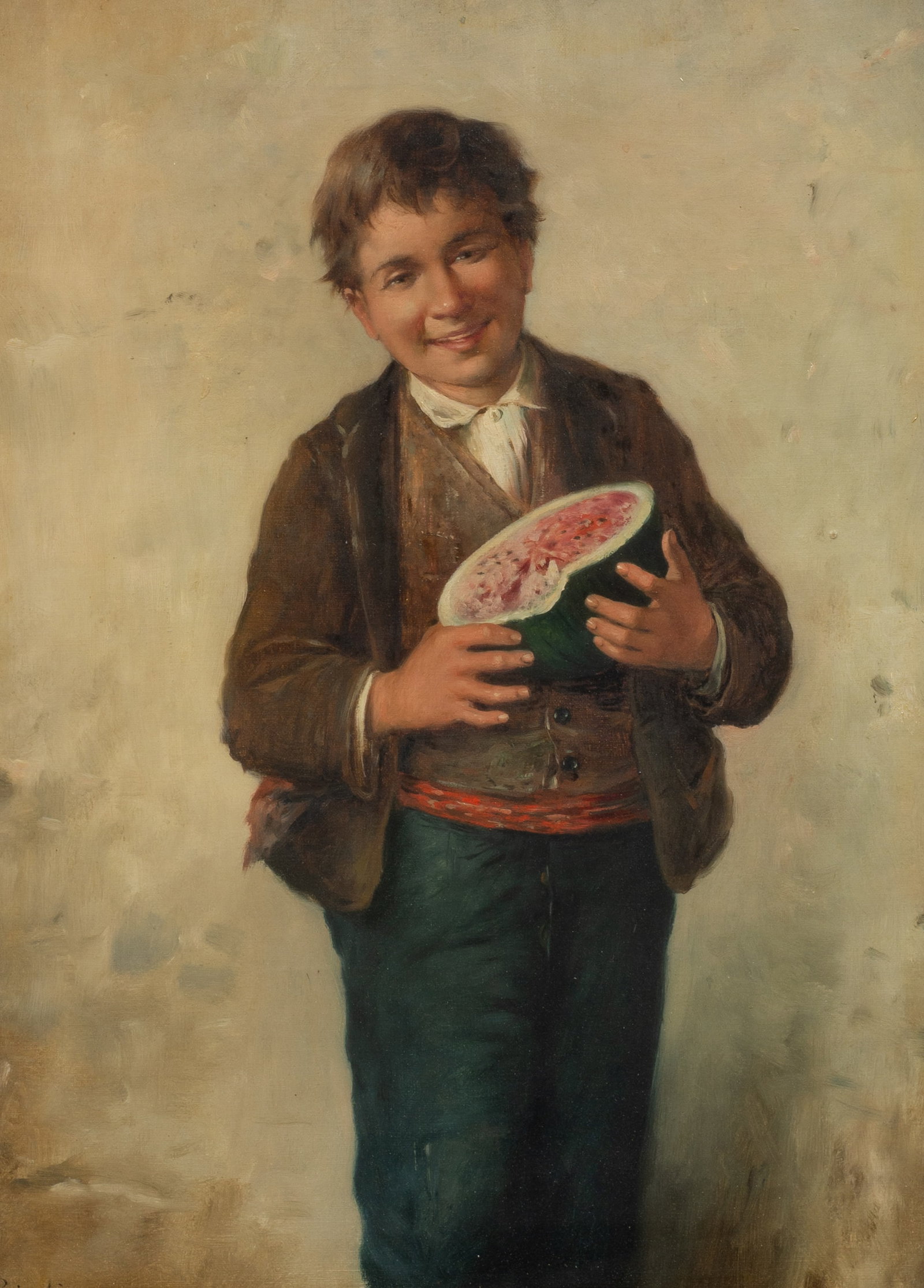Antique Painting, Boy with Watermelon, P. Bindi.: Artist(s): P. Bindi (Late 19th/ Early 20th Century). Medium: Oil on canvas. Signature(s): "P, Bindi", lower left. Attributed plaque attached to the frame as well. Paperwork/Provenance: N/A Condition:
