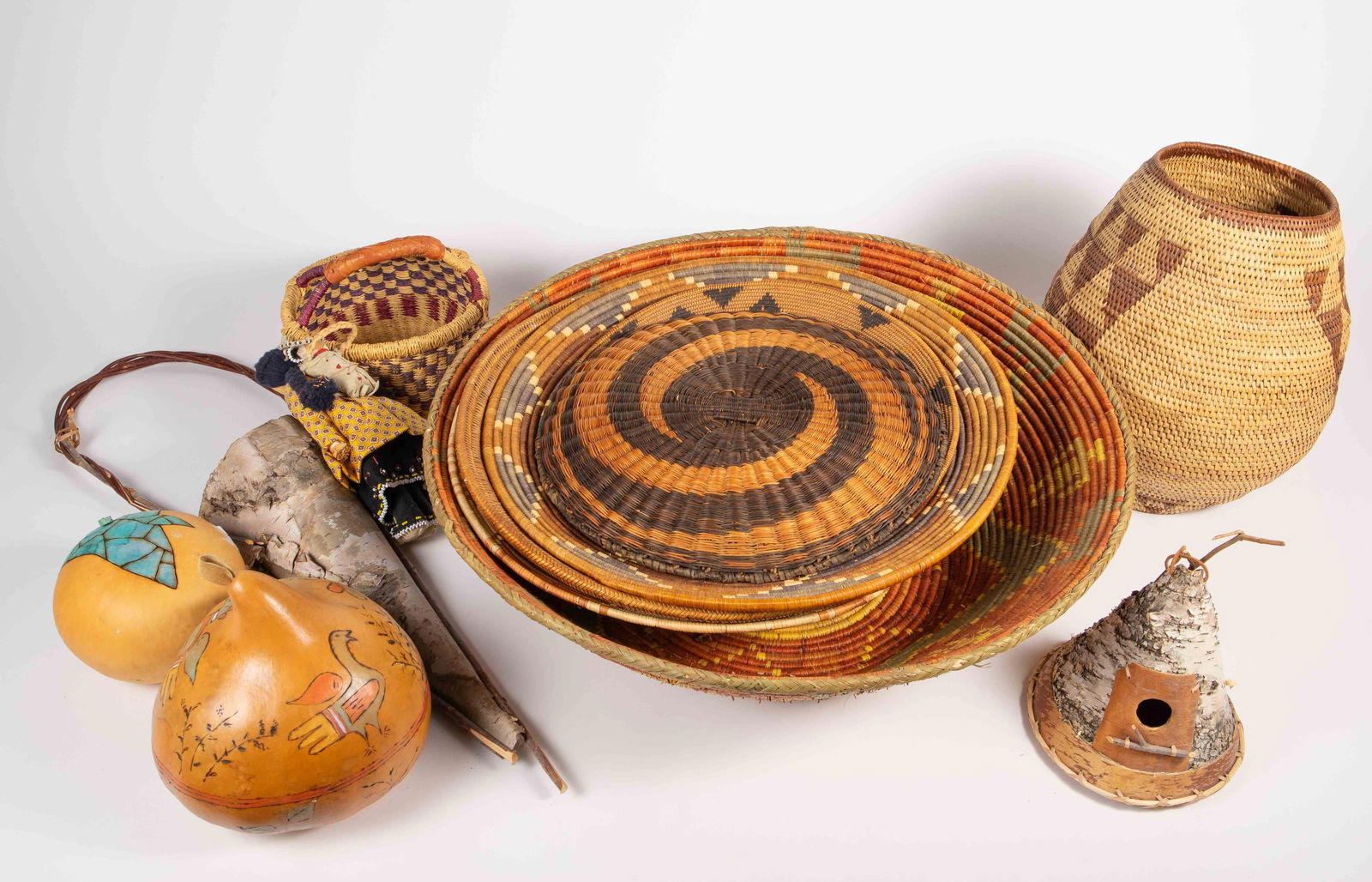 Lot Woven Baskets, Gourds, Doll, Bird House, Etc. (1 of 7)