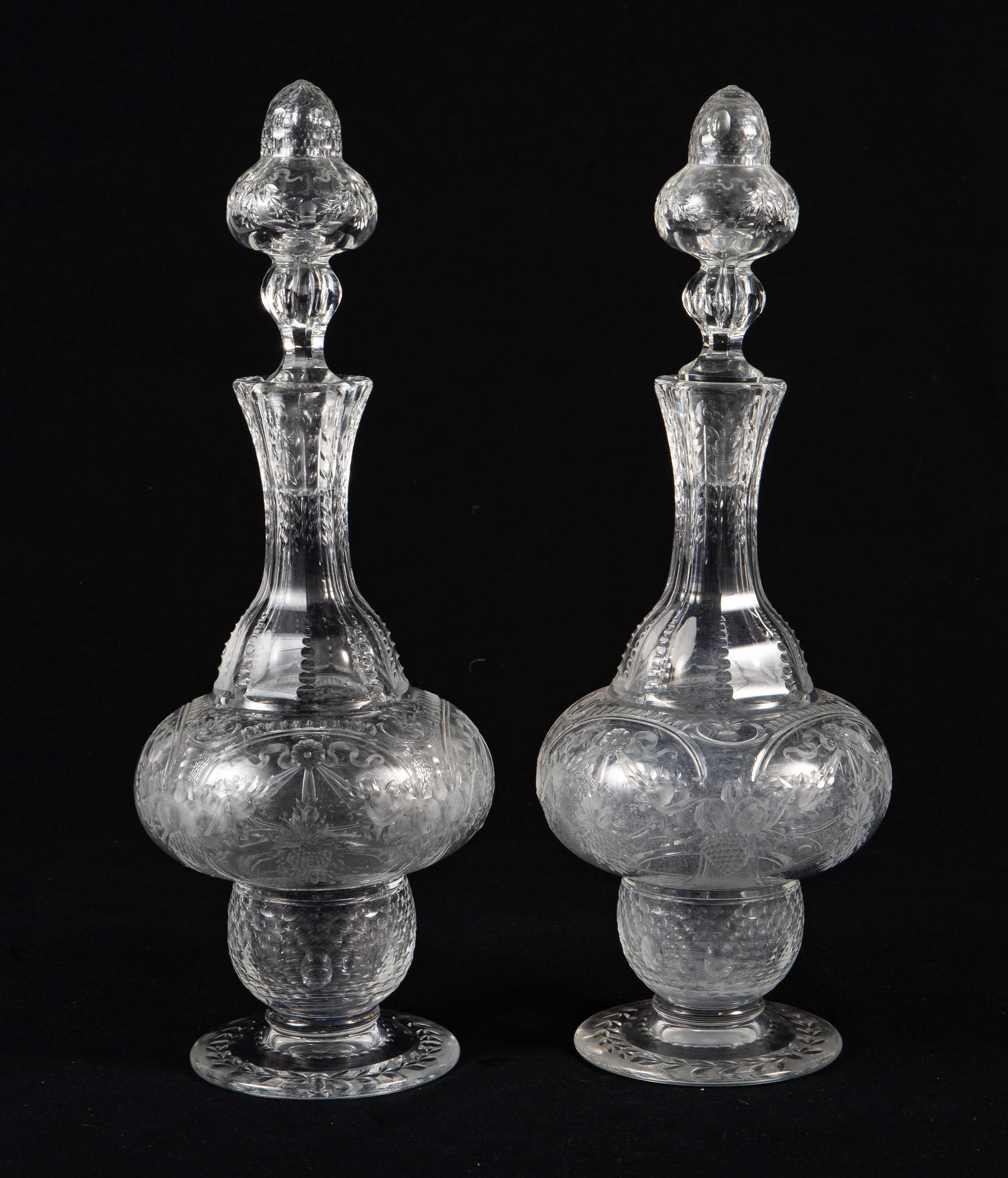 Pair of William Fritsche Signed Crystal Decanters.: Both are signed, "W. Fritsche" on the side. They may possibly have been produced for Thomas Webb & Sons. Both have some small nicks, though they are not too noticeable. One has a fairly noticeable chi