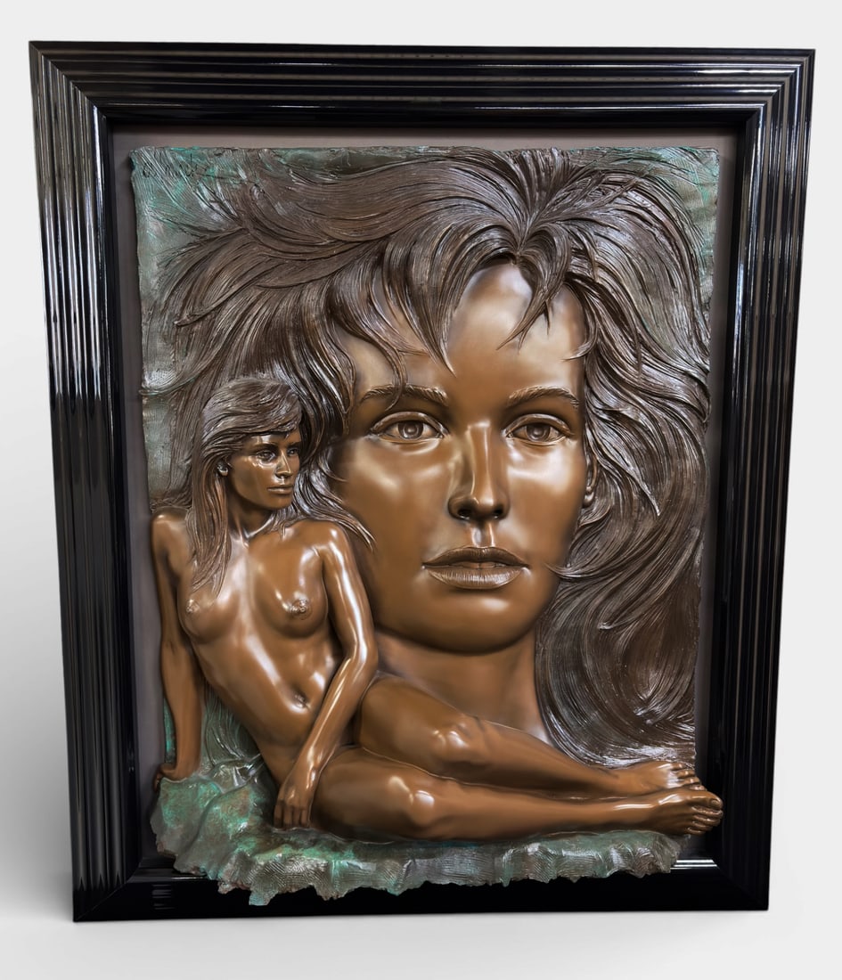 Bill Mack "Visions" Bonded Bronze Nude Sculpture: This large relief plaque features a nude female figure next to a large close-up of a woman's face. Overall, this piece looks to be in good condition. It measures 60 1/2" x 51 1/4" x 15". Third-party f