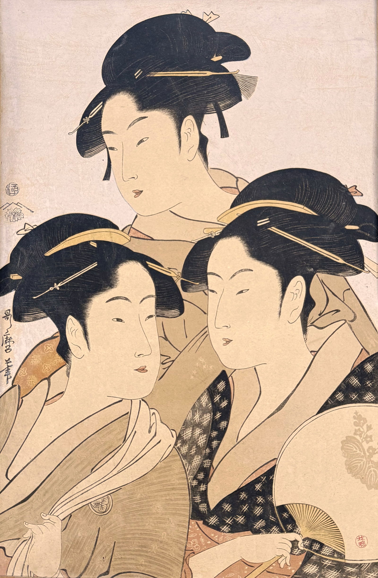 Kitagawa Utamaru Japanese Woodblock Print.: The name of this Japanese woodblock print is "Three Beauties". The print has a very noticeable 1/4" impression sticking up through the print on its right hand edge, and a scratch and depression in its
