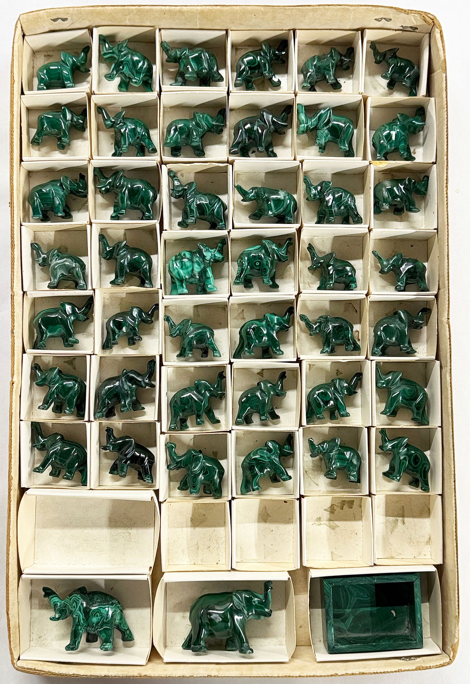 Lot of 44 Carved Malachite Elephants & Small Tray. (1 of 3)