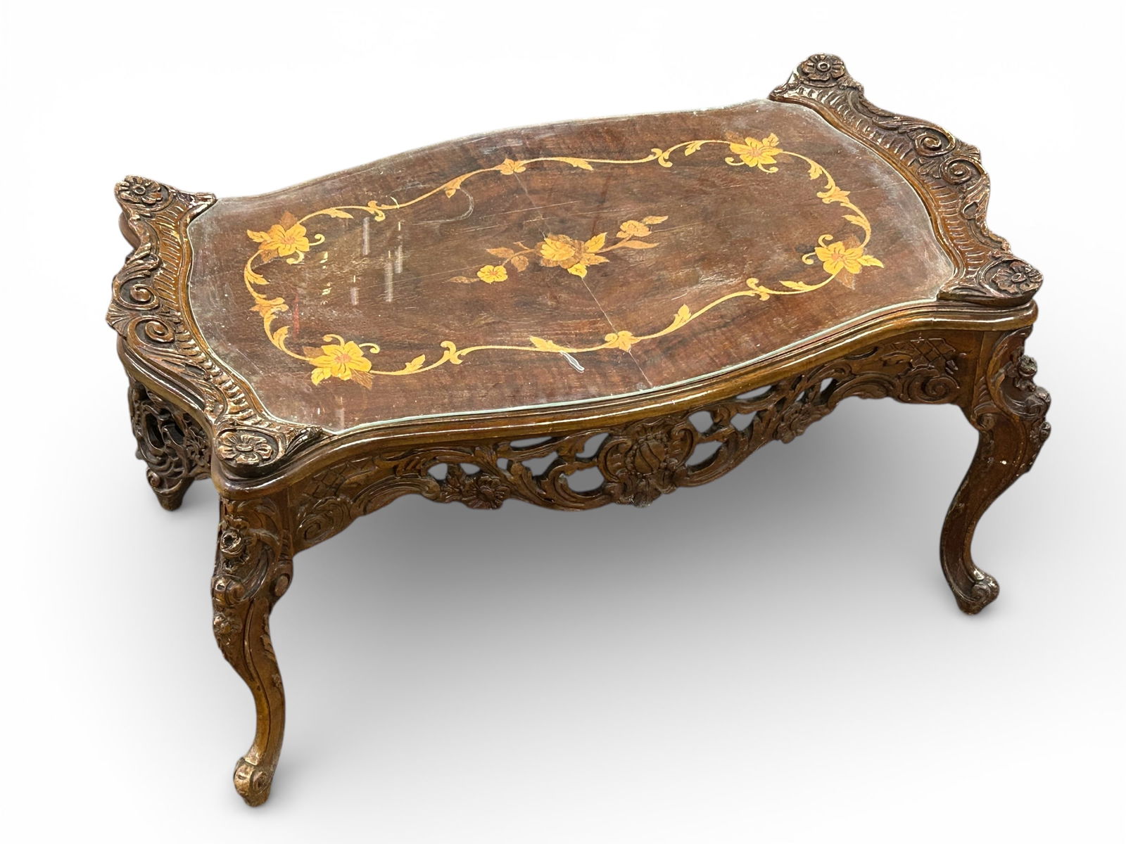 French Walnut Inlaid & Carved Coffee Table. (1 of 12)