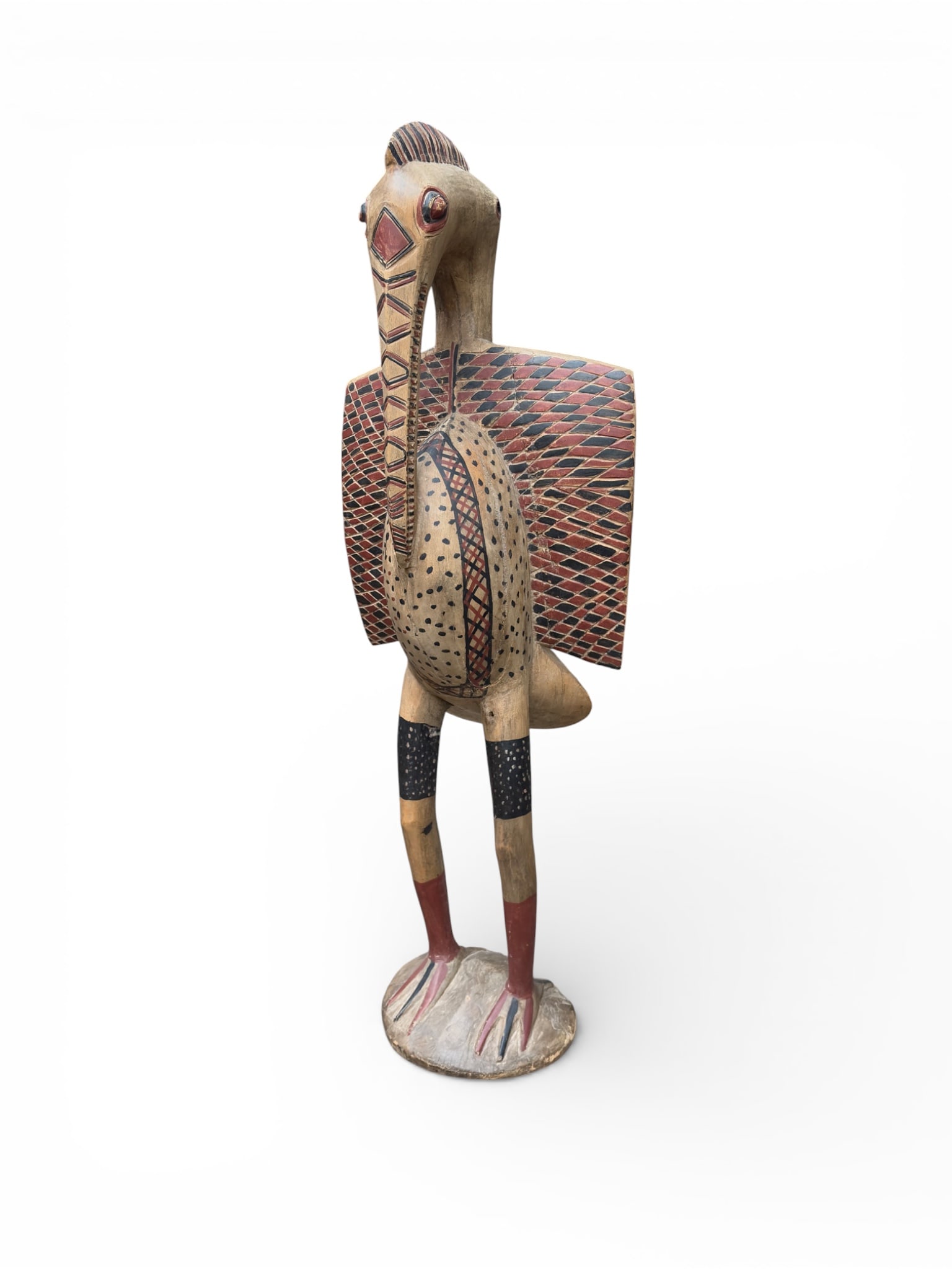 54" West African Carved Wood Bird - Senufo?: This sculpture from Mali was originally purchased in 1981, and may be of Bambara or Senufo origin. The left wing has been repaired, but overall, the piece looks to be in good condition. It measures 20