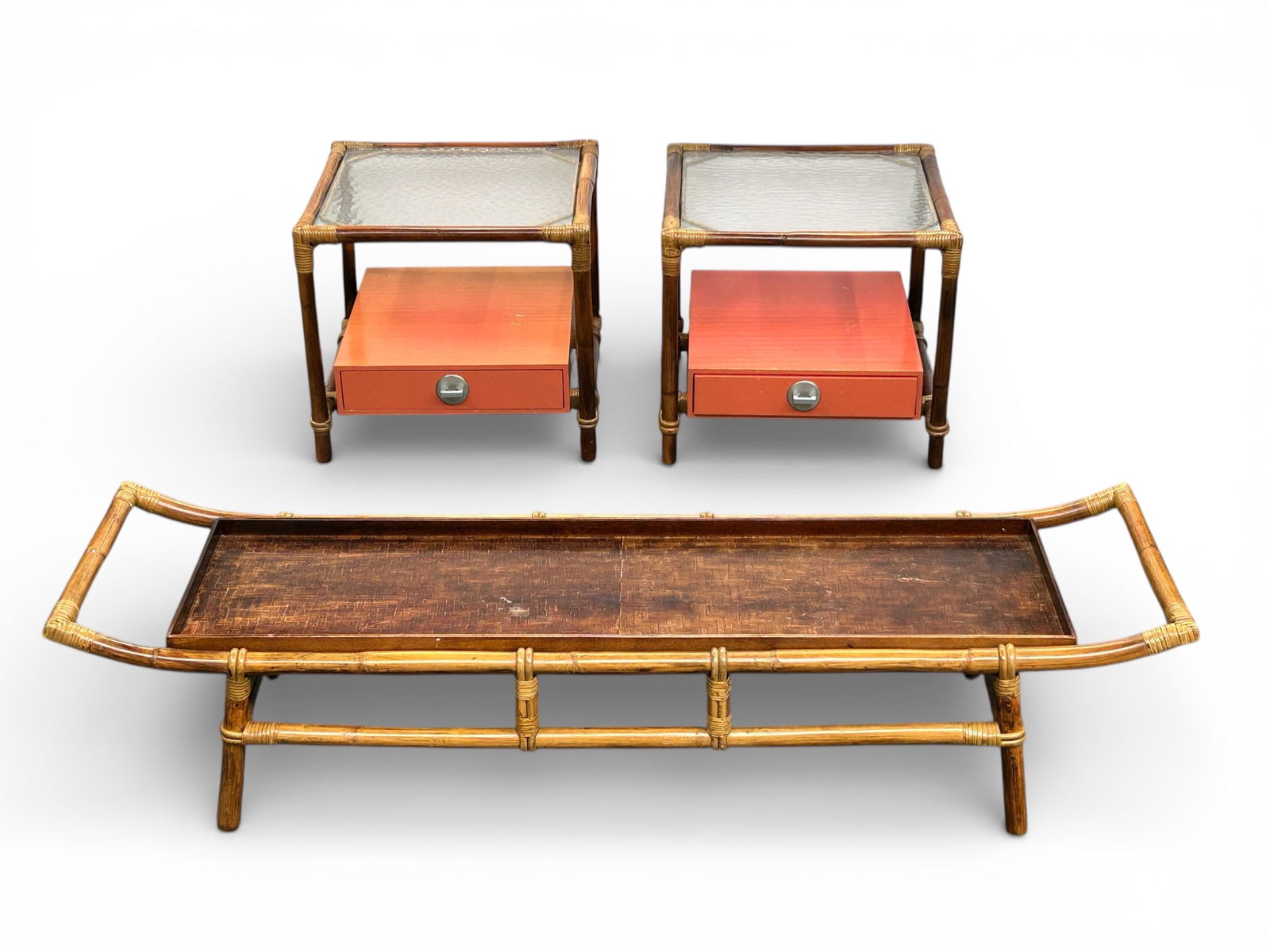 Set of Three John Wisner Rattan Tables. (1 of 16)