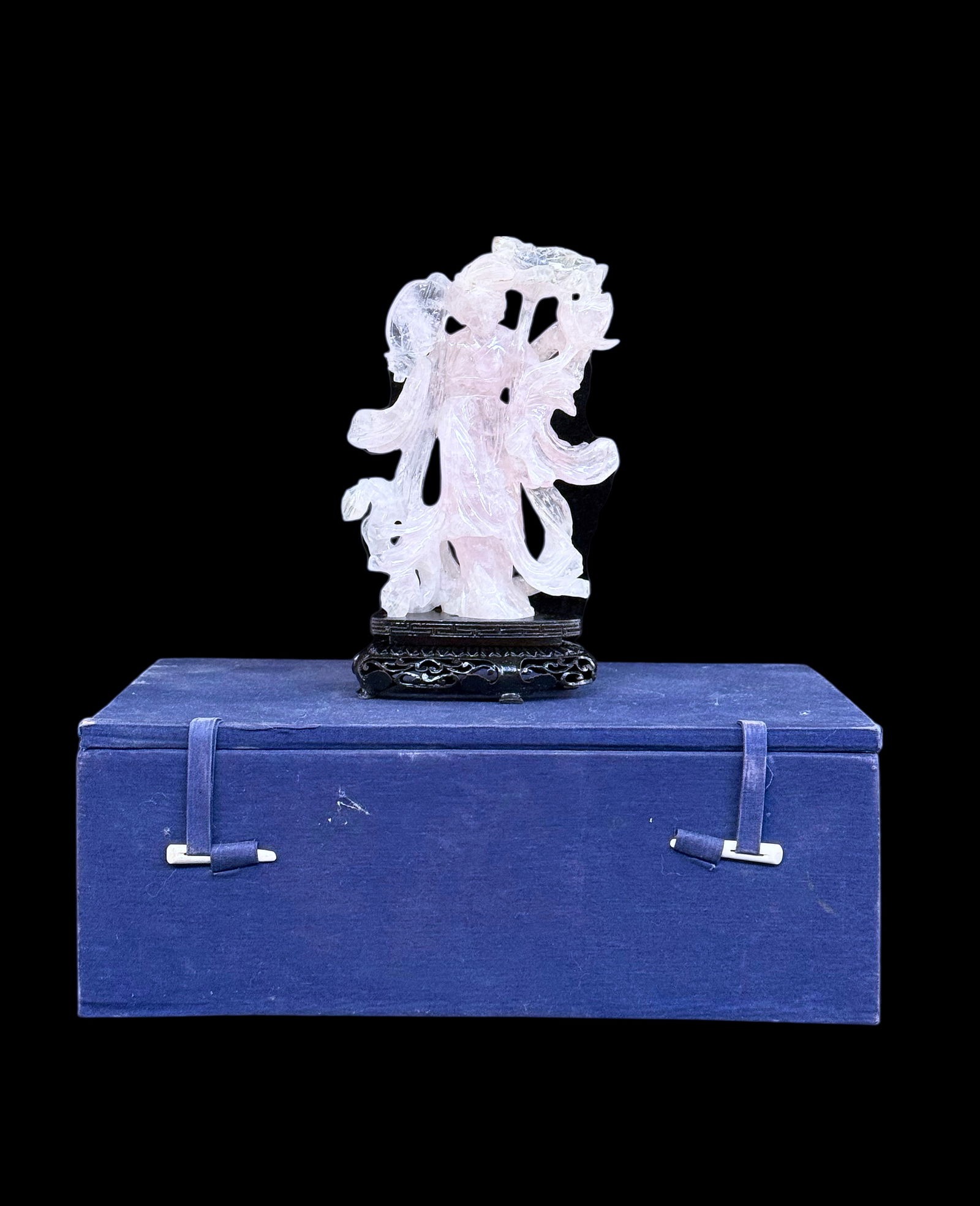 Chinese Rose Quartz Carved Lady Figure.: The figurine comes with a wood stand and a box. The figure measures 6 1/4" tall, 4 3/8" wide, and 1 3/4" deep. Its box measures 4 1/4" x 7 3/8" x 11 5/8". The box has some wear. In-house shipping is a