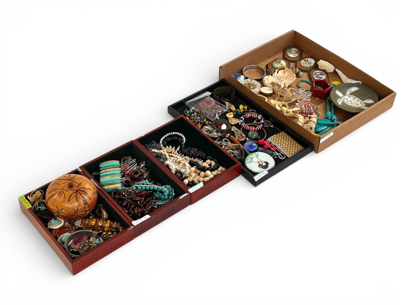 Lot of Mostly Costume Jewelry - Ben Diller, Stones: The lot contains over 65 items. There are necklaces, bracelets, pendants, brooches, earrings, a key chain, a rooster figurine, cuff links, a Chinese porcelain snuff bottle, a business card holder, a b