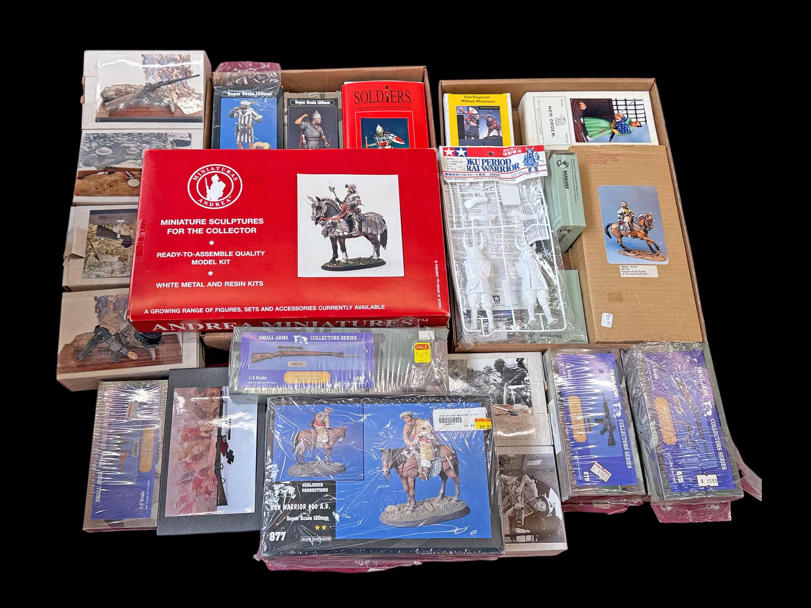 Lot of Miniature Soldier Figures & Models Kits.: The lot contains 30 ready to assemble model kits. The kits are 1:4 scale or Superscale 120mm, and either plastic, metal, or resin. There are 15 warriors or soldiers, and 15 guns or arms. Some of the w