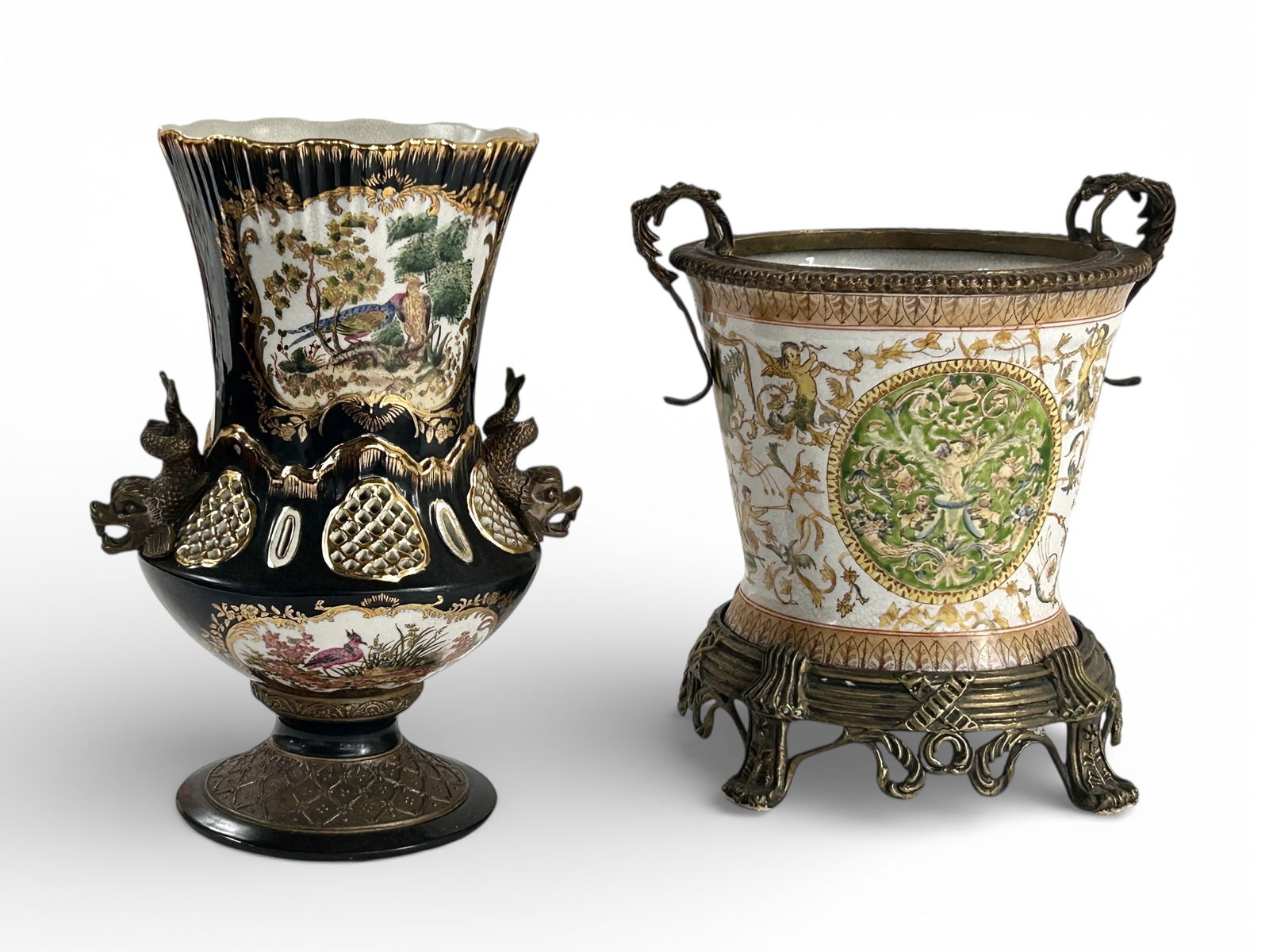 Lot: Wong Lee & Castilian Chinese Vases.: The Castilian vase has bronze dolphin handles and handpainted scenes of birds. The Wong Lee vase has an attached bronze mount on the rim with flowered handles, and a pawfoot bronze base (not attached)