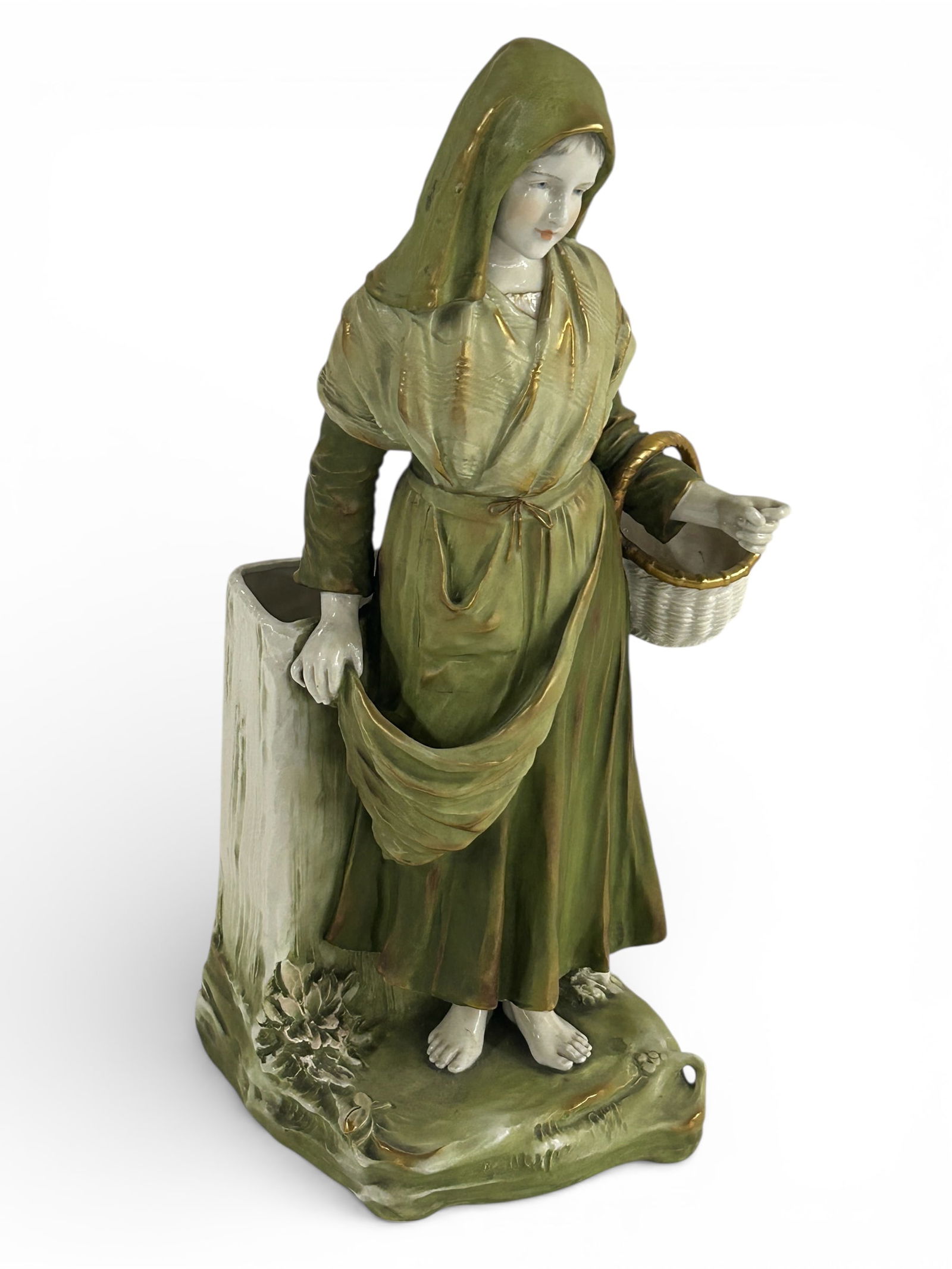 Imperial Amphora 22" Figural Vase- Woman w/ Basket: It could use a light cleaning, but looks to be in overall good condition. It measures 8 1/2" x 8 3/4" x 21 3/4". In-house shipping is available. Please see our website regarding in-house shipping proc