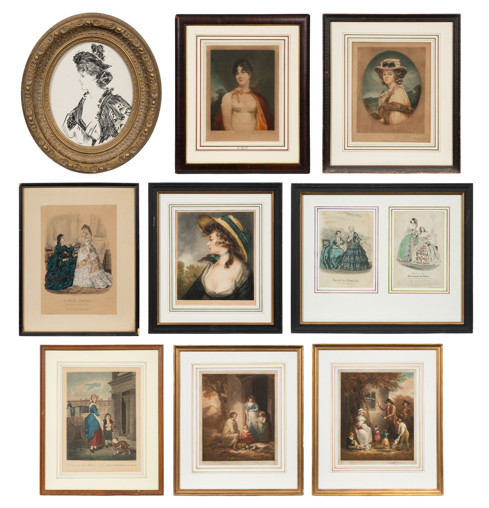 9 Framed Prints - Tily, Edwards, Norman, etc.: This lot contains an assortment of nine framed prints: prints from fashion magazines, mezzotints (mostly reproductions) from artists such as. H. Norman, Eugene James Tily, Will Henderson, Samuel Arlen