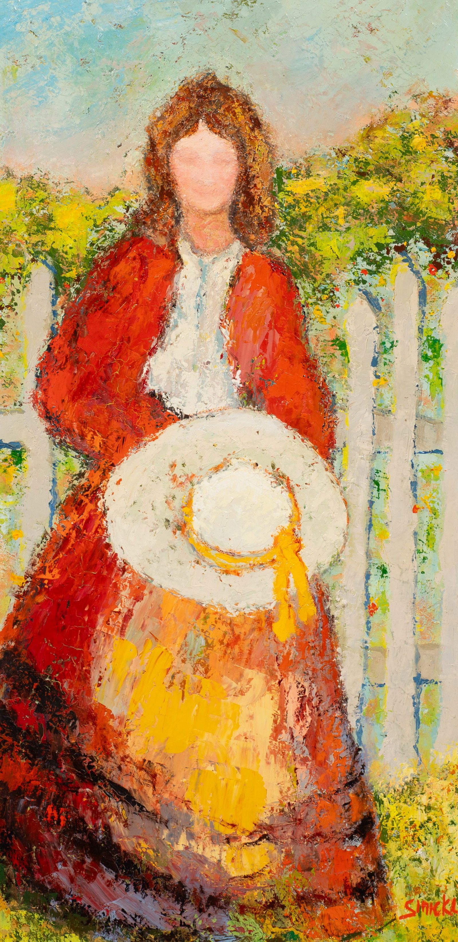 Impressionist Lady in a Garden, George Sinicki.: Artist(s): George Rene Sinicki (French, 1910-?). Medium: Oil on canvas. Signature(s): "Sinicki", lower right. Paperwork/Provenance: En verso are stamps from Galerie Felix Vercel. Condition: Craquelure