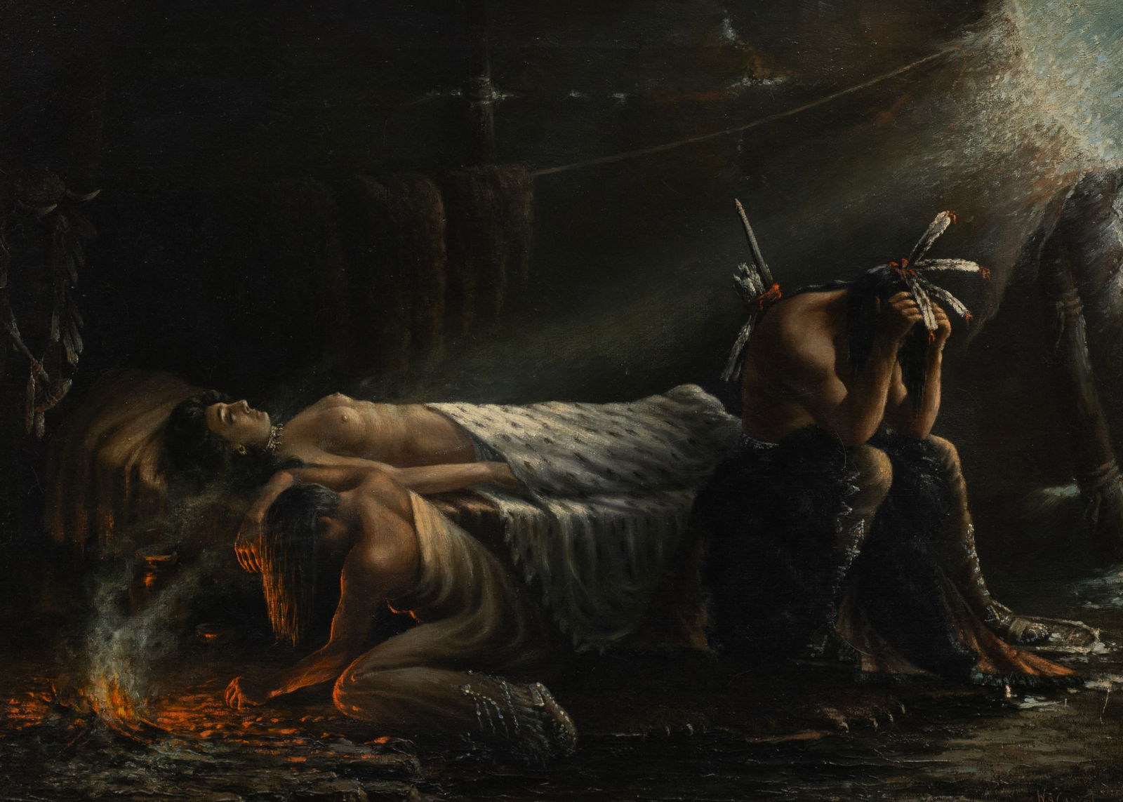 Death of Minnehaha, Painting by William Carson.: Artist(s): William A. Carson (American, 1867-1949). Medium: Oil on canvas. Signature(s): Lower right. Signed and titled en verso. Paperwork/Provenance: N/A Condition: Small tear and scratches above th