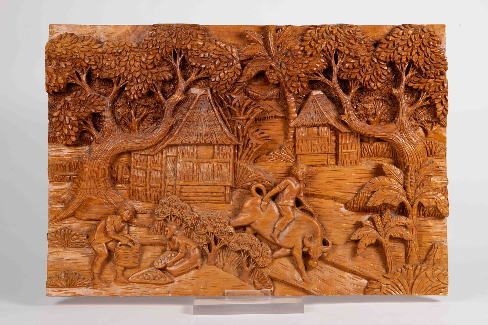 Asian? Carved Wood Relief Plaque of Villagers. (1 of 6)