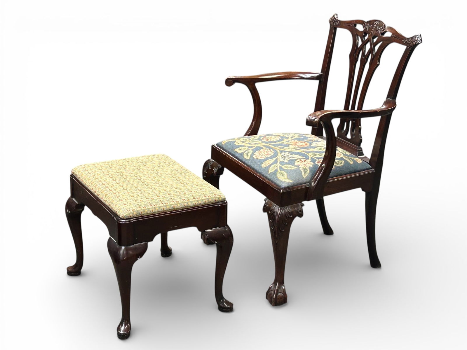 Antique Chippendale Armchair & Queen Anne Stool. (1 of 17)