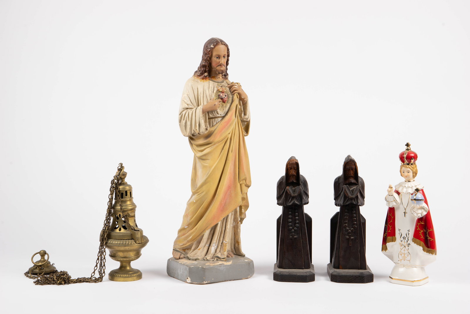 Lot: Religious Statues & Bookends, Brass Censer. (1 of 7)