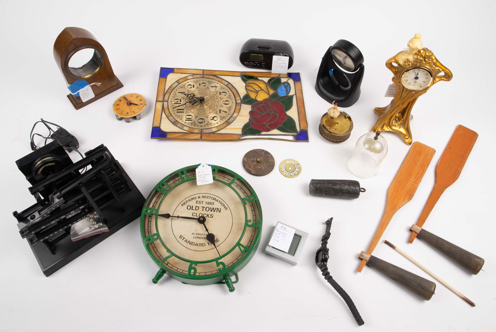 Lot of Assorted Table & Wall Clocks, Some Vintage.: They are all untested. The lot includes stained glass, Art Nouveau style, and more contemporary clocks. Some items look to be in better condition than others. The largest item measures 15 1/2" x 9 5/8