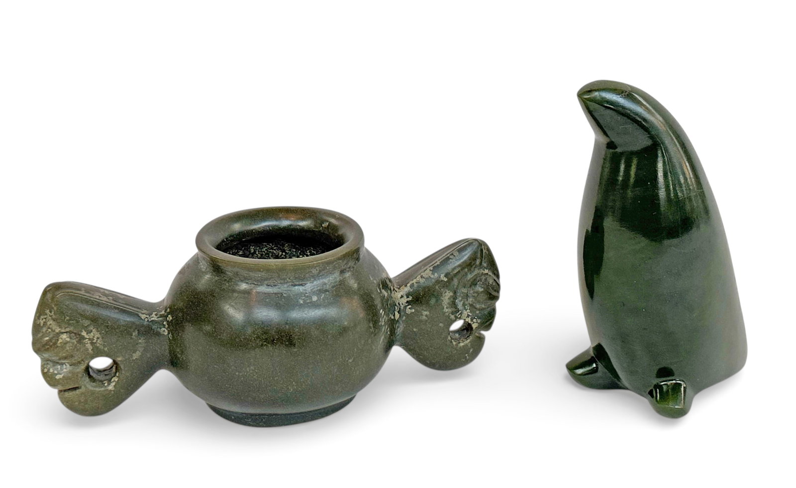 Lot of 2 Spinach Jade Pieces - Penguin & Censer.: Both carved items look to be in good overall condition. The penguin is dated '83, and signed "DW", for David Wong. It measures 5 1/8" tall, 4" long, and 2 1/8" wide. The censer measures 2 5/8" tall, 7