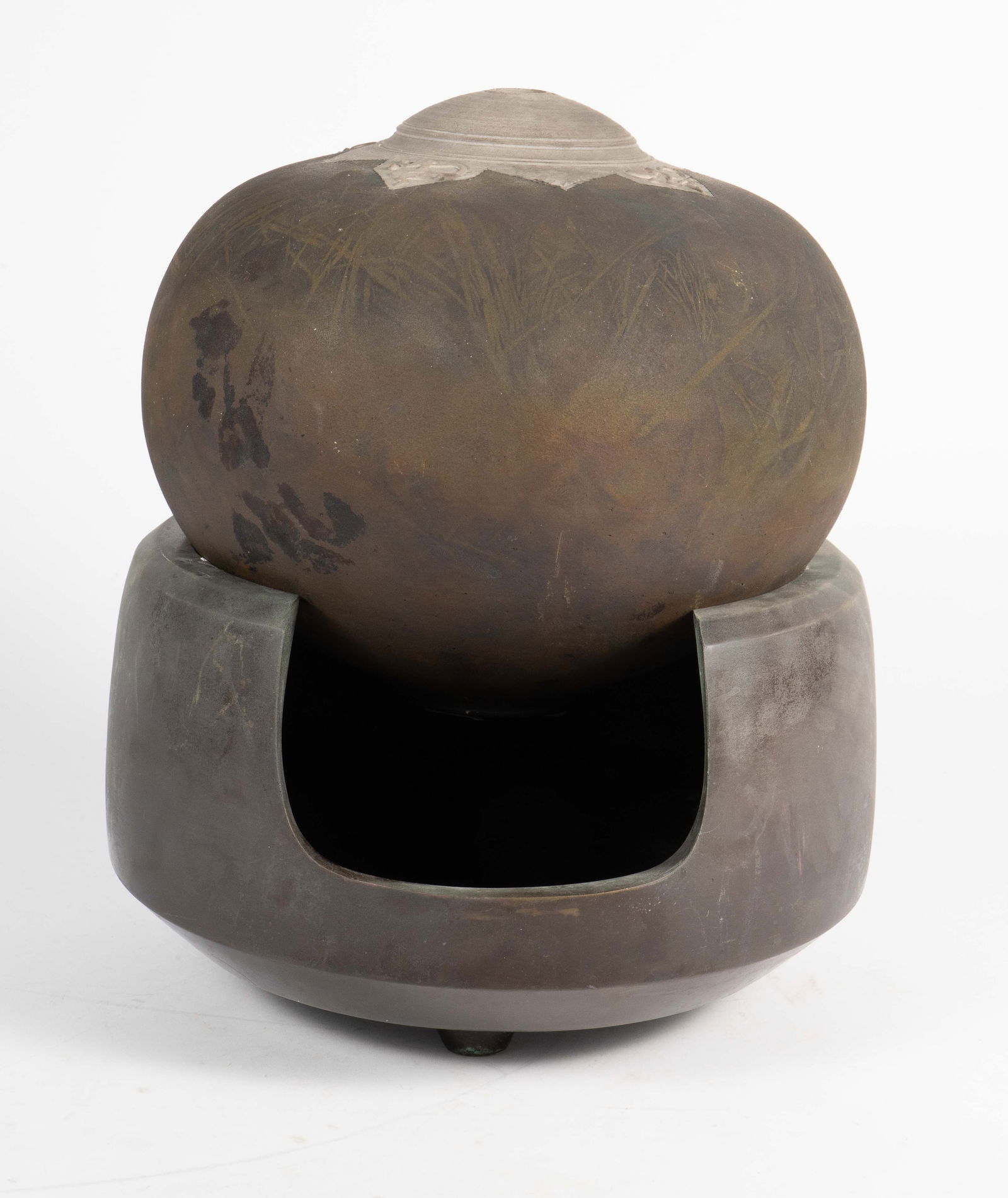 Artist Signed Raku Pottery Vessel & Bronze Furo. (1 of 7)