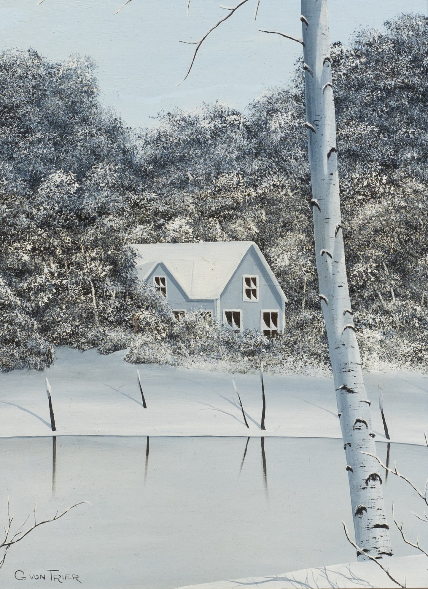 Winter Cottage by Pond, Gerry von Trier.: Artist(s): Gerry von Trier (American, Medium: Oil on masonite. Signature(s): "G. von Trier", lower left. Paperwork/Provenance: N/A Condition: Minor surface grime to the painting. Surface grime and