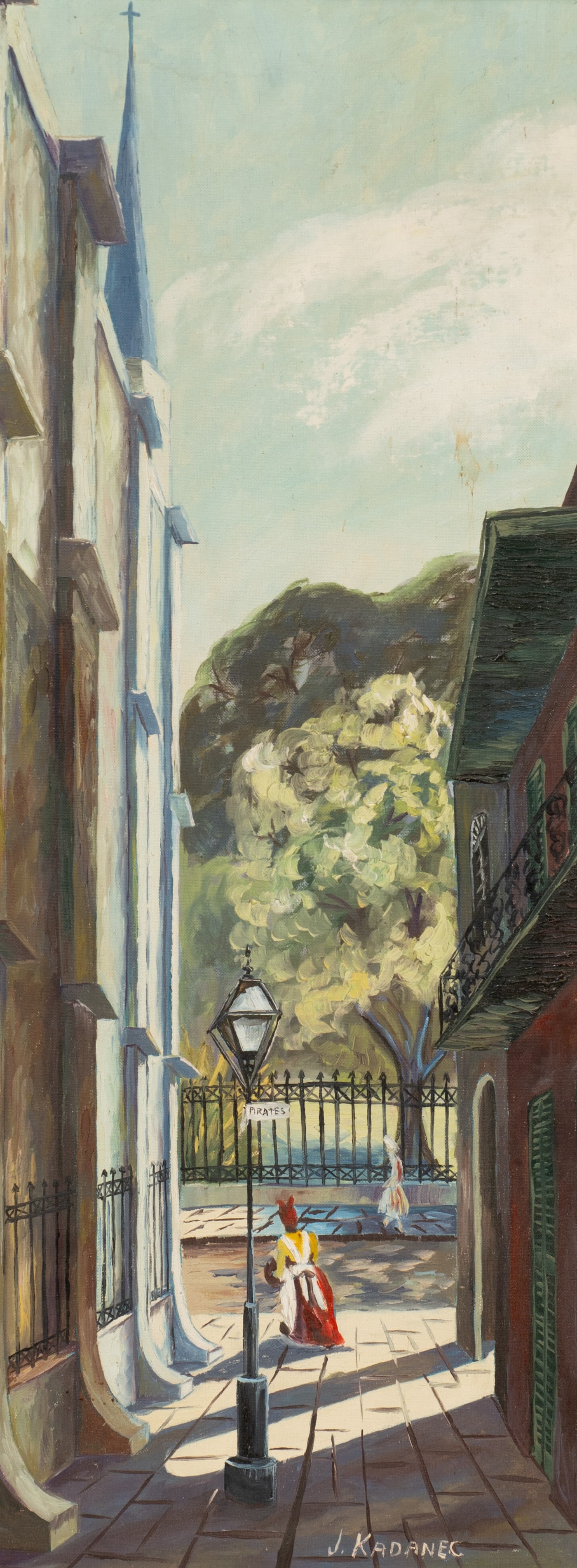 Pirates Alley, New Orleans, Joseph Kadanec.: Artist(s): Joseph Kadanec 9American, 1898-1967). Medium: Oil on canvas board. Signature(s): "J. Kadanec", lower right. Paperwork/Provenance: N/A Condition: Signs of surface grime to both the work and