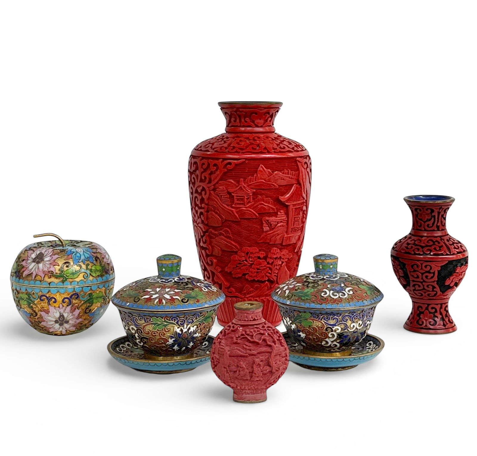 Lot: 6 Pcs.: Chinese Cinnebar & Cloisonne. (1 of 8)