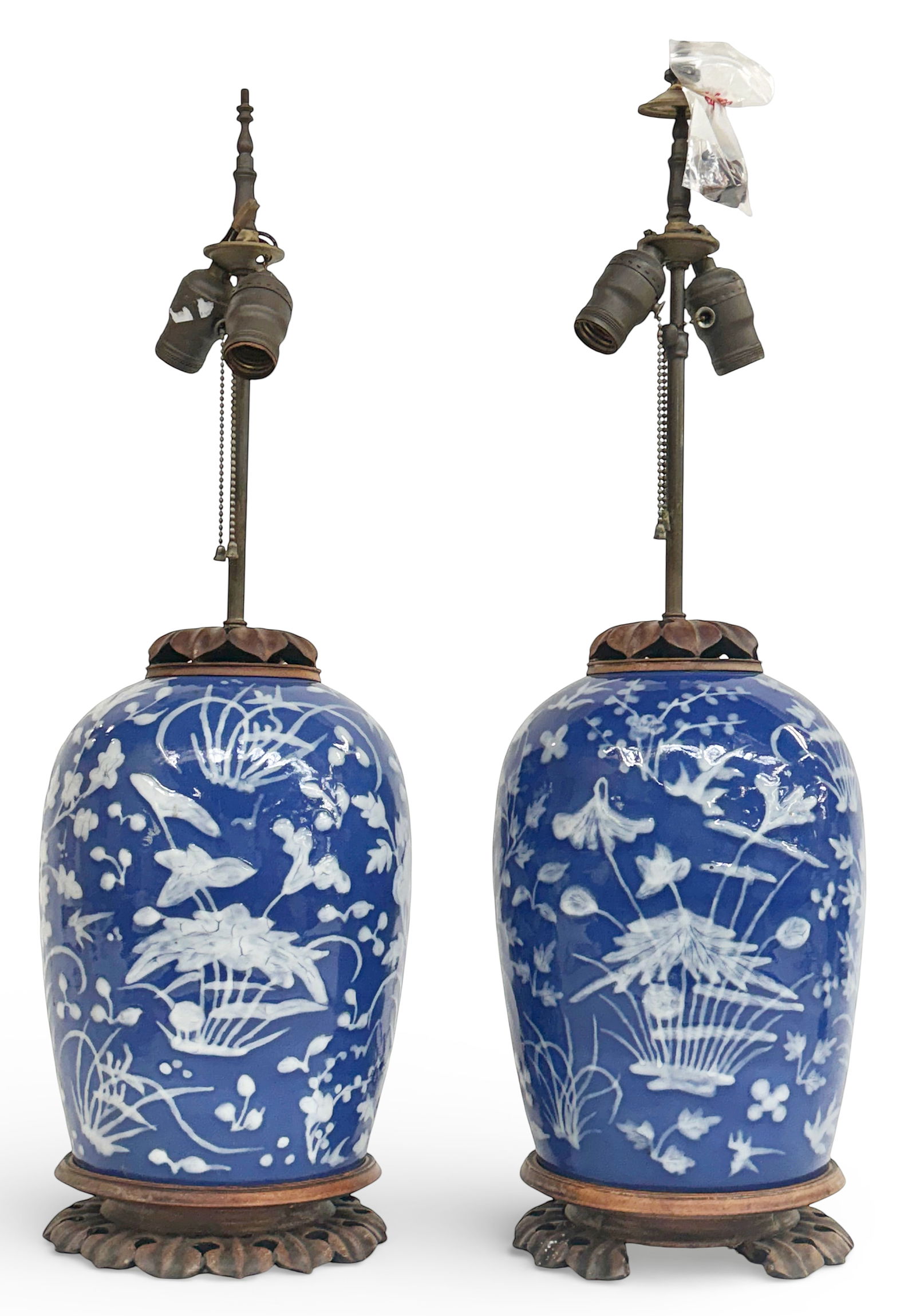 Pr of Antique Chinese Blue & White Porcelain Lamps (1 of 5)