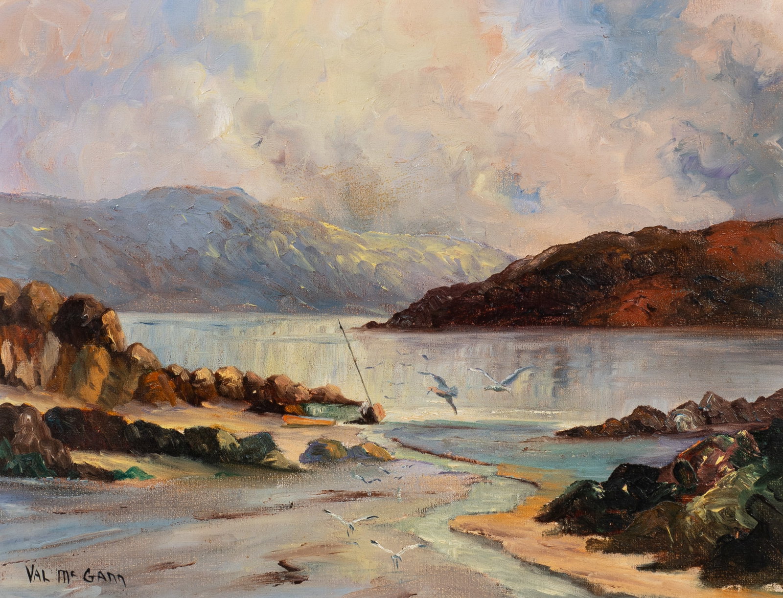 Sunset by the Sea, Coastal Painting by Val McGann.: Artist(s): Val McGann (Irish, 1928-2016). Medium: Oil on board. Signature(s): Lower left. Paperwork/Provenance: N/A Condition: Some signs of surface grime. There is a fleck of missing paint to the sta