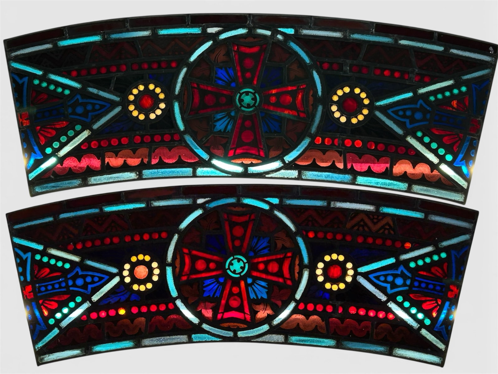 2 Curved Stained & Leaded Glass Windows w/ Crosses (1 of 9)
