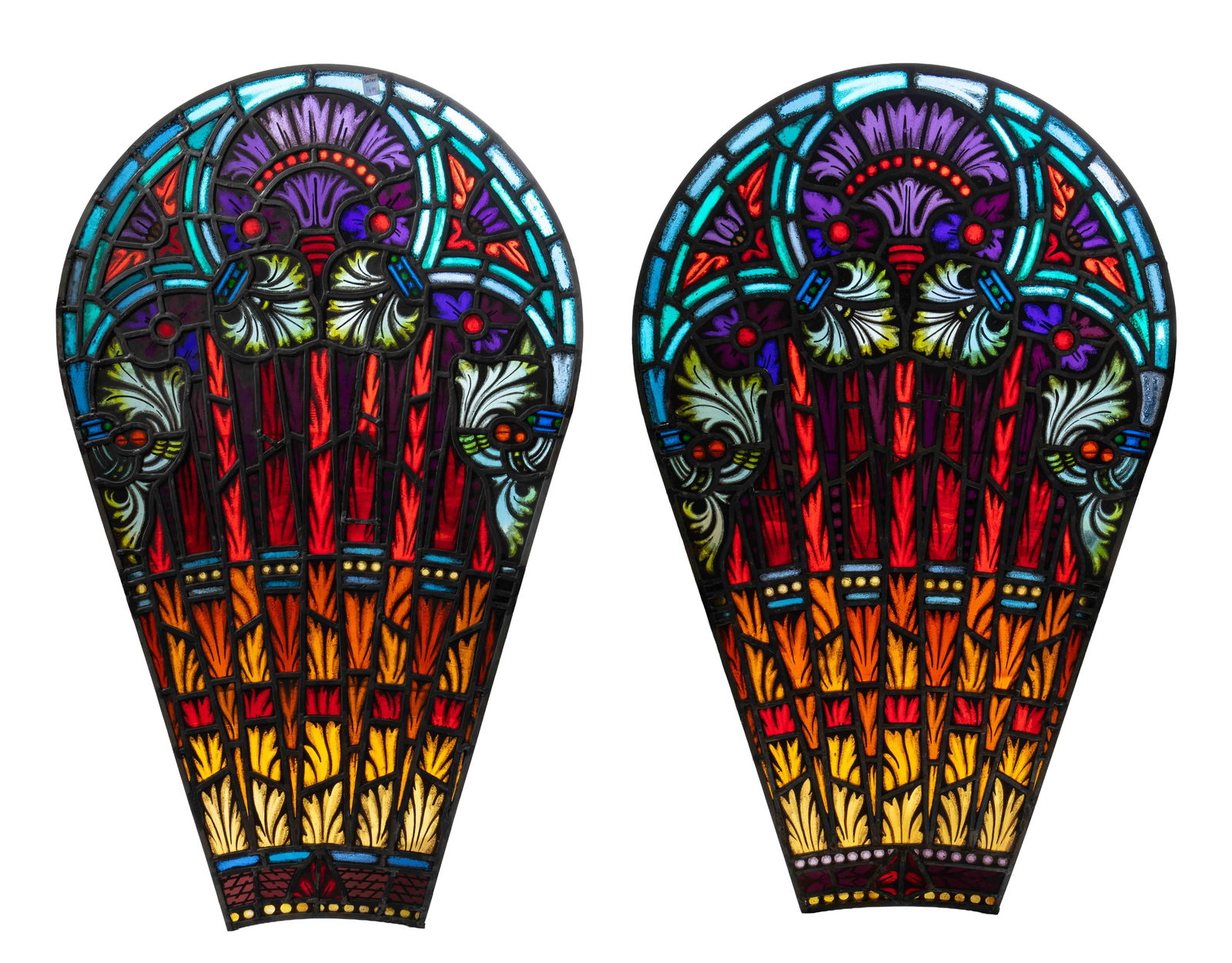 Pair of Balloon Shaped Stained Glass Windows.: They are uniquely shaped antique leaded glass windows, with flowers and leaves. They could use some cleaning, but look to be in overall good condition. Each one measures approximately 45 3/8" x 27" x