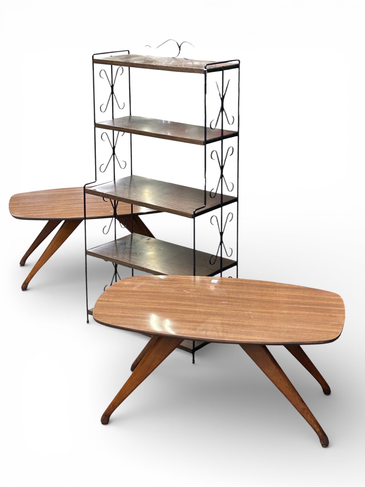 Two Mid-Century Modern Tables & Metal Shelf. (1 of 11)