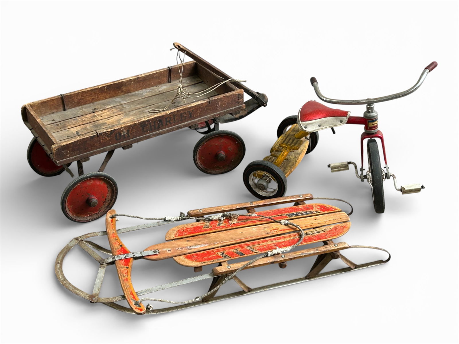 Lot of Vintage Kids Toys: Wagon, Sled, & Tricycle. (1 of 19)