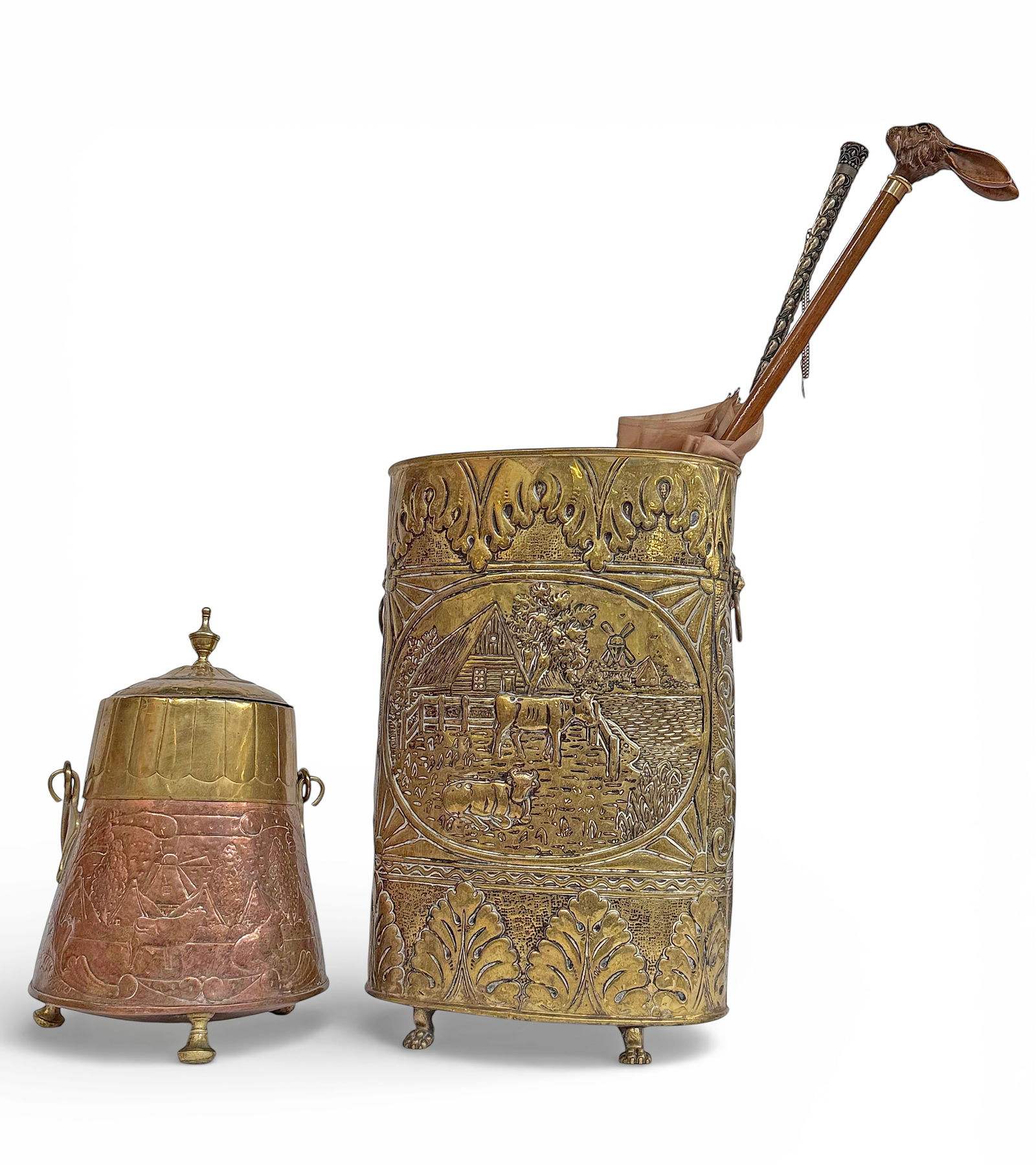 Lot: Tooled Brass / Copper Items, Umbrella, Cane. (1 of 5)