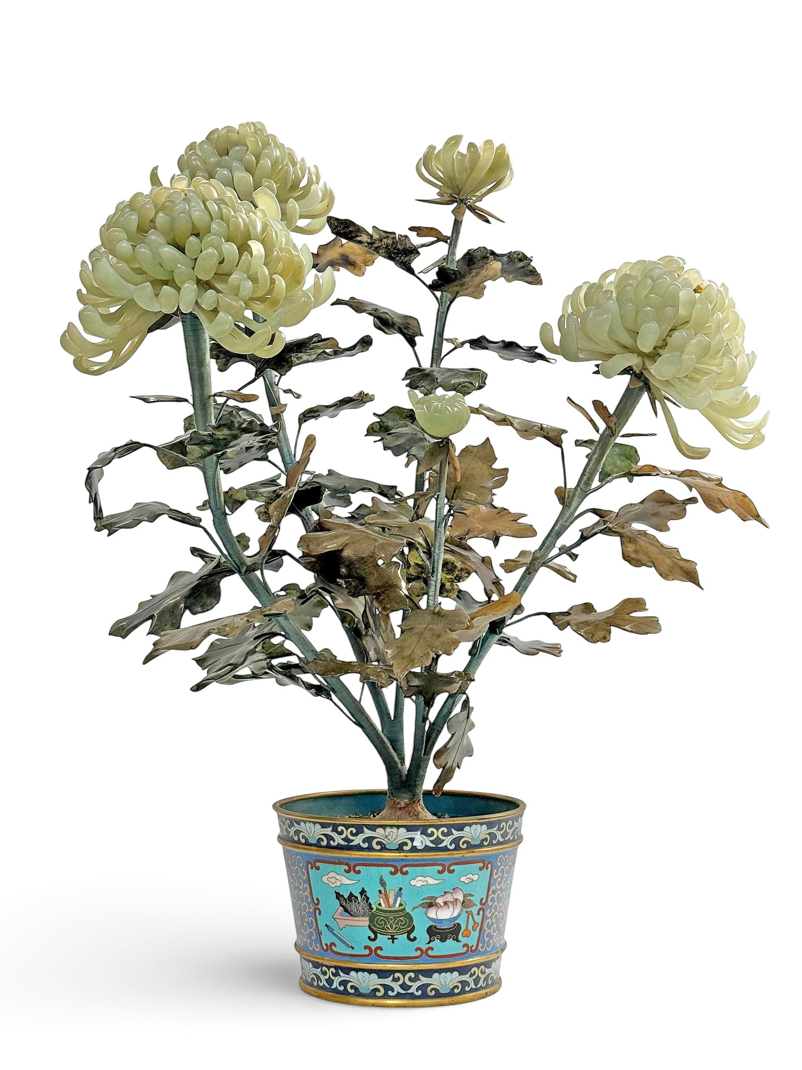 Chinese Jade Chrysanthemum Tree w/ Cloisonne Base (1 of 7)