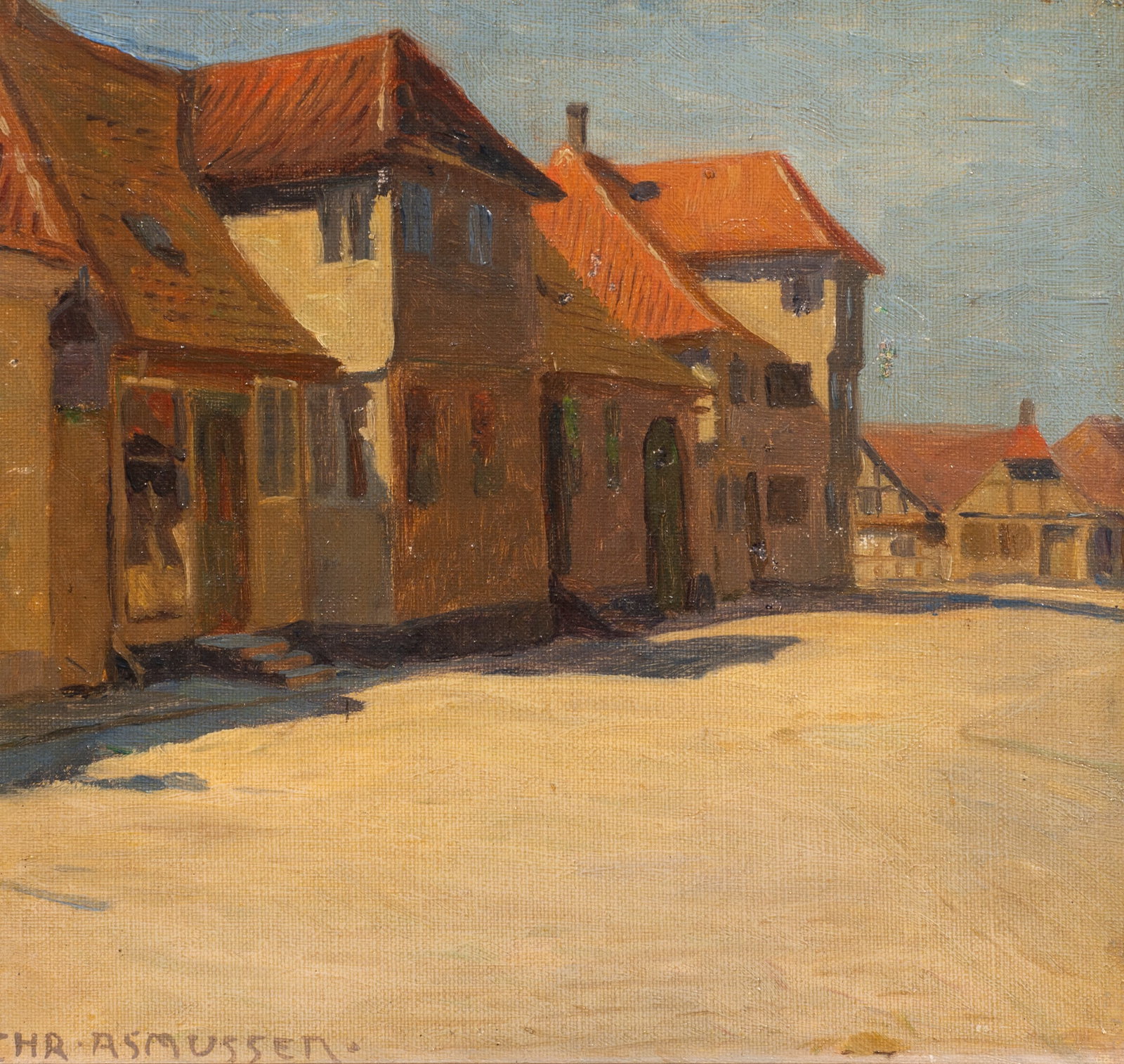 Holkegade, Faaborg - Street Scene, Asmussen.: Artist(s): Christian Asmussen (Danish, 1873-1940). Medium: Oil painting on canvas, mounted to board. Signature(s): "Chr. Asmussen", lower left. Paperwork/Provenance: N/A Condition: Signsof darkening v
