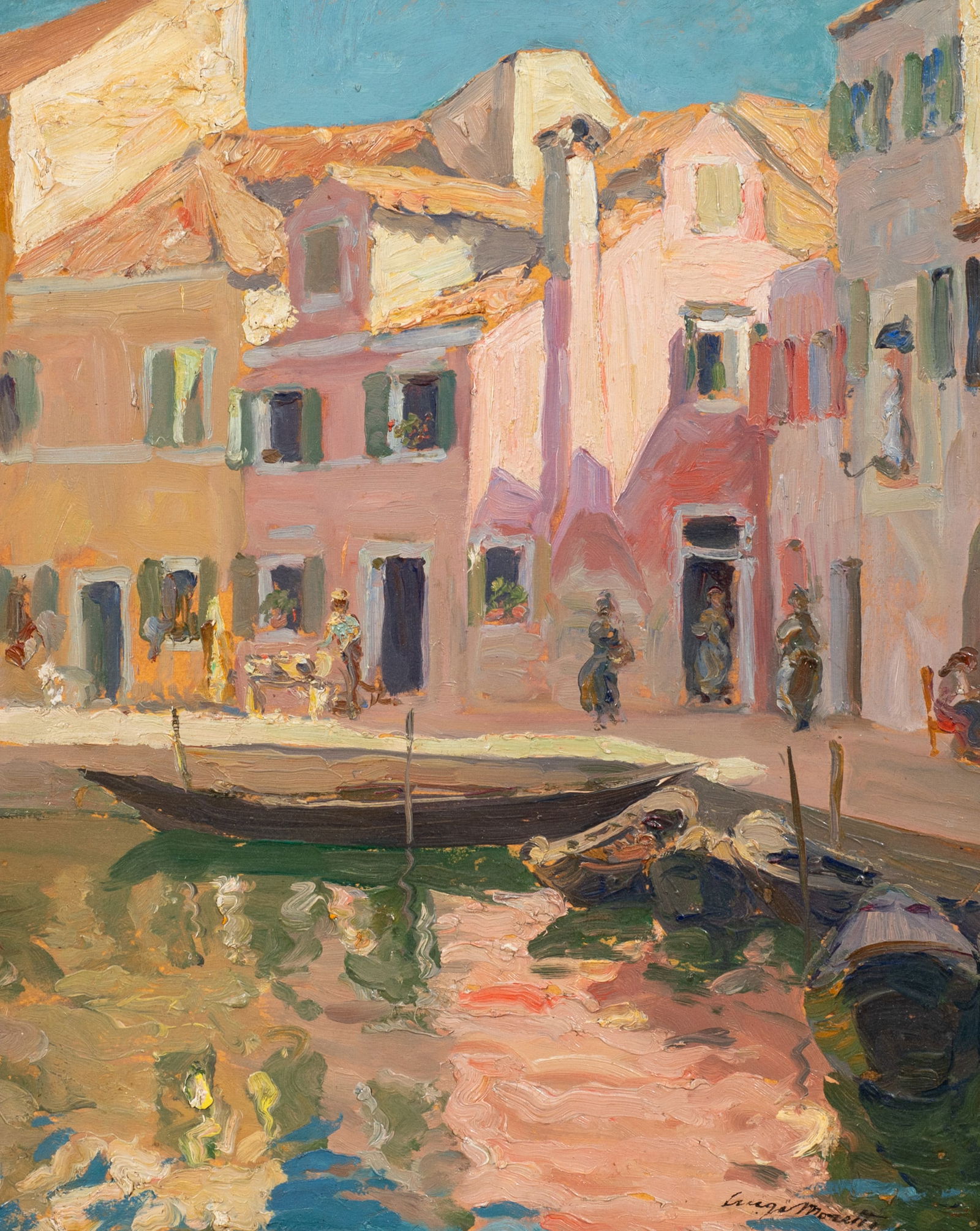 Italian Canal Scene of Burano, Luigi Moretti.: Artist(s): Luigi Moretti (Italy, 1884-1973). Medium: Oil painting on board. Signature(s): Lower right. Paperwork/Provenance: Artist tag en verso. Condition: Signs of darkening varnish and minimal
