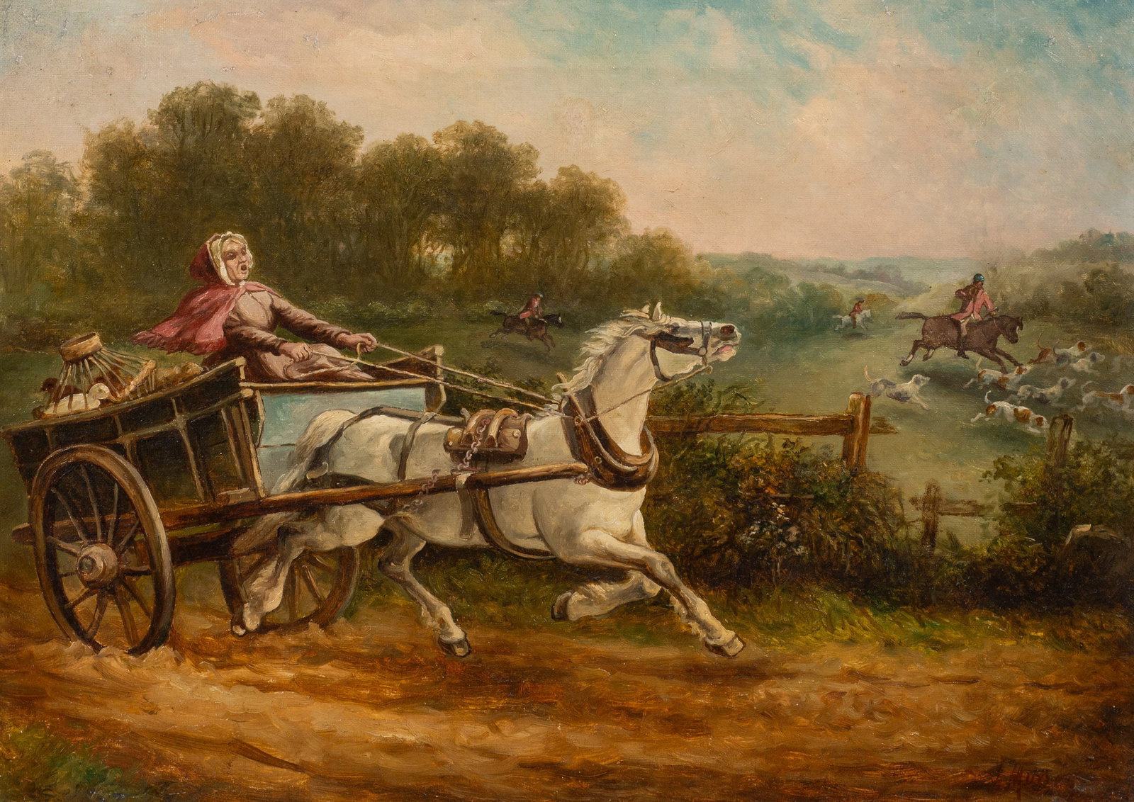 Runaway Carriage Painting, J. Murray.: Artist(s): Unknown, 19th/20th century. Medium: Oil on canvas. Signature(s): "J. Murray", lower right. Paperwork/Provenance: N/A Condition: Minor surface grime, scattered inpainting, and visible