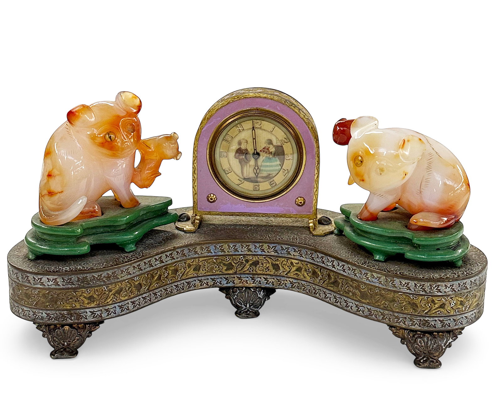 Antique Clock w/ Chinese Carved Agate Bears.: Each of the bears is missing an eye. One of the bears has a chip on his ear. The clock appears to be overwound, and is not ticking. Otherwise, the piece looks to be in good overall condition. The
