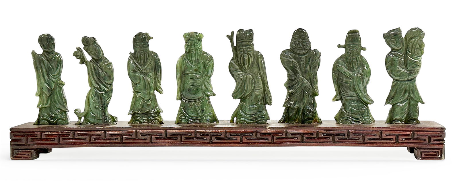 Vintage Chinese 8 Immortals Jade Figural Display.: The piece looks to be in good overall condition. The figures are all attached to the wood base. Each figure measures approximately 3 1/4" tall and 3/8" thick. The entire display measures 4 1/2" tall,